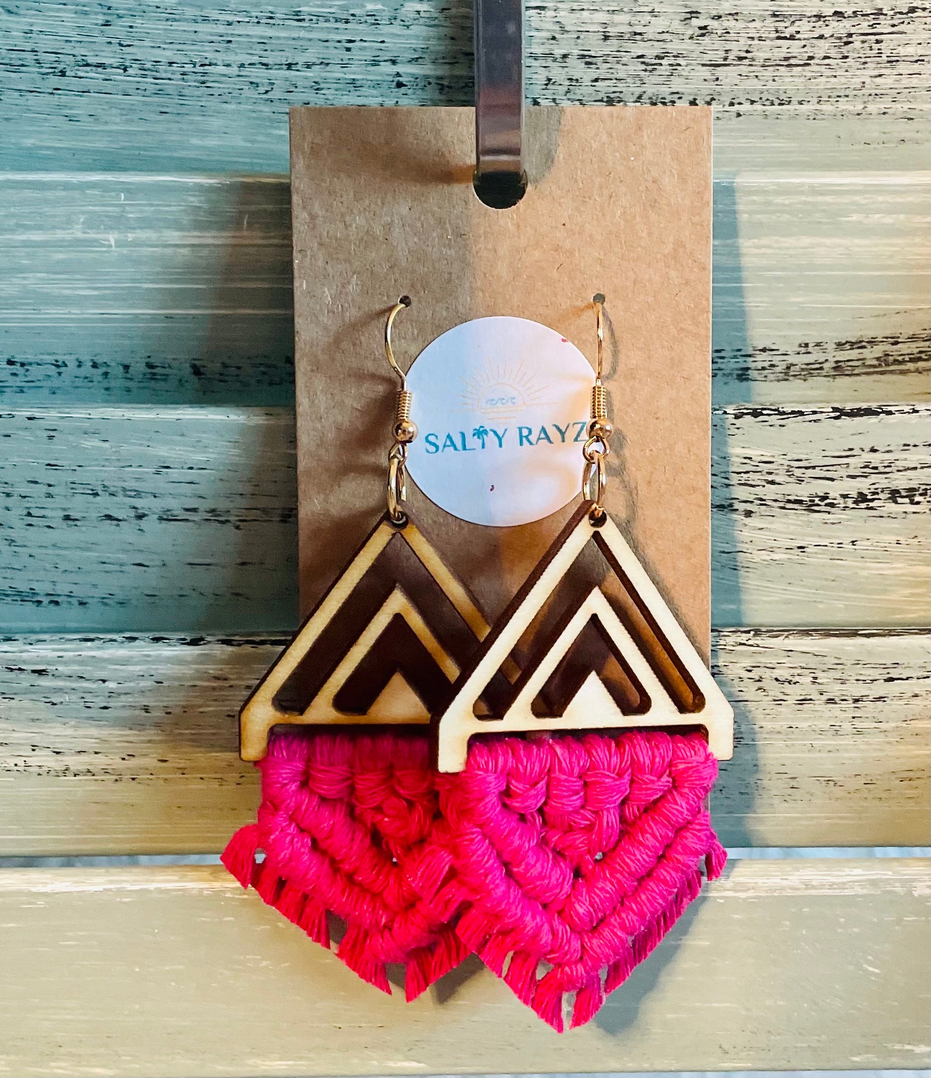 Macrame Earrings -Wood Chevrons Double