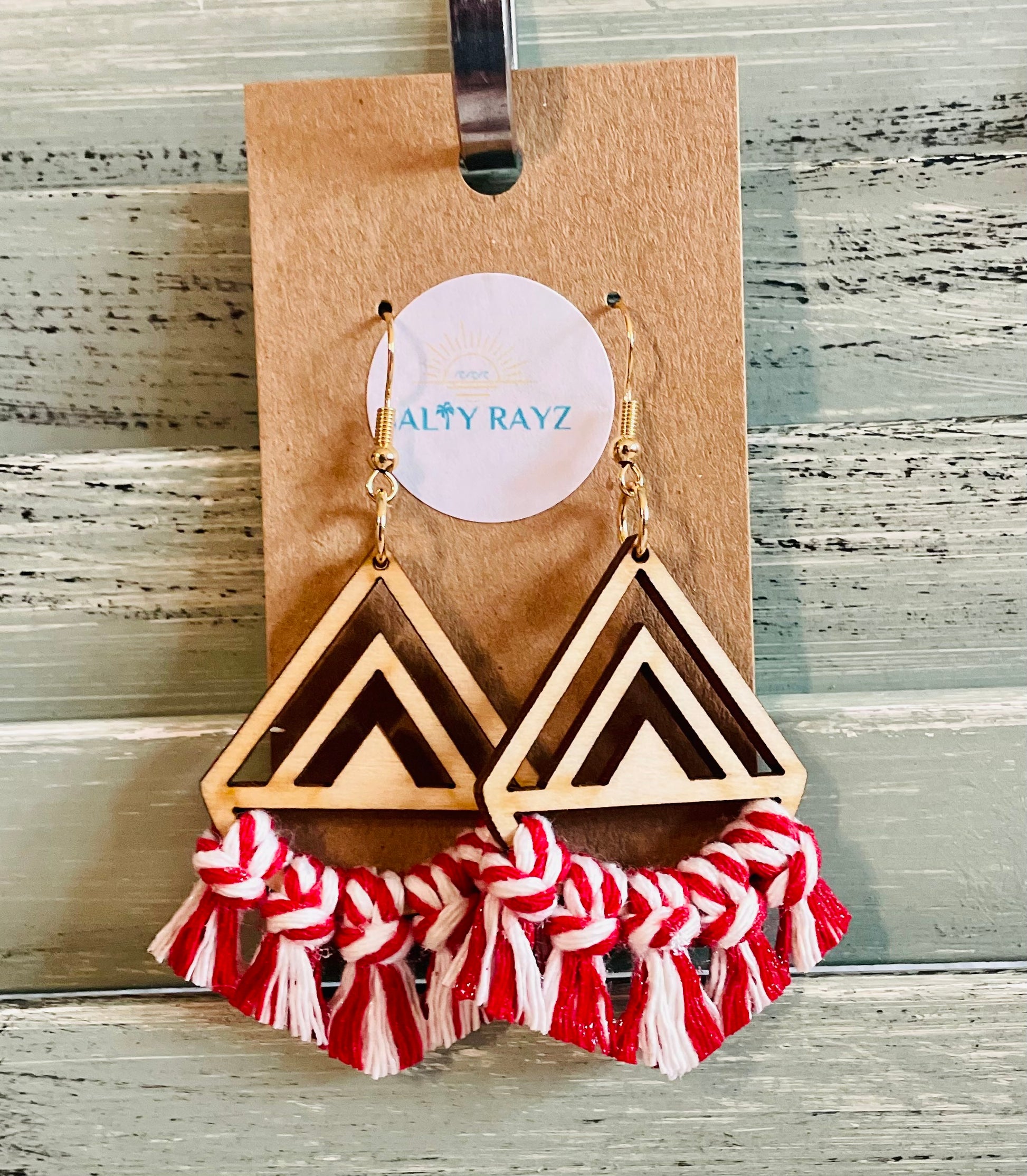 Macrame Earrings -Wood Chevrons Single