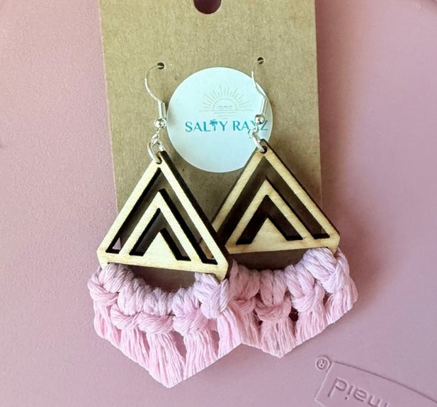 Macrame Earrings -Wood Chevrons Single