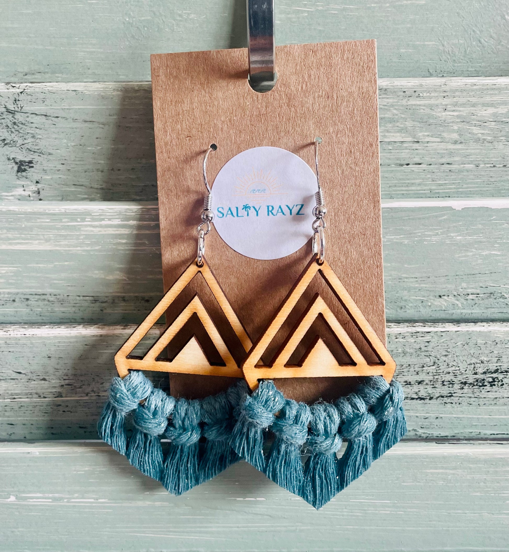 Macrame Earrings -Wood Chevrons Single