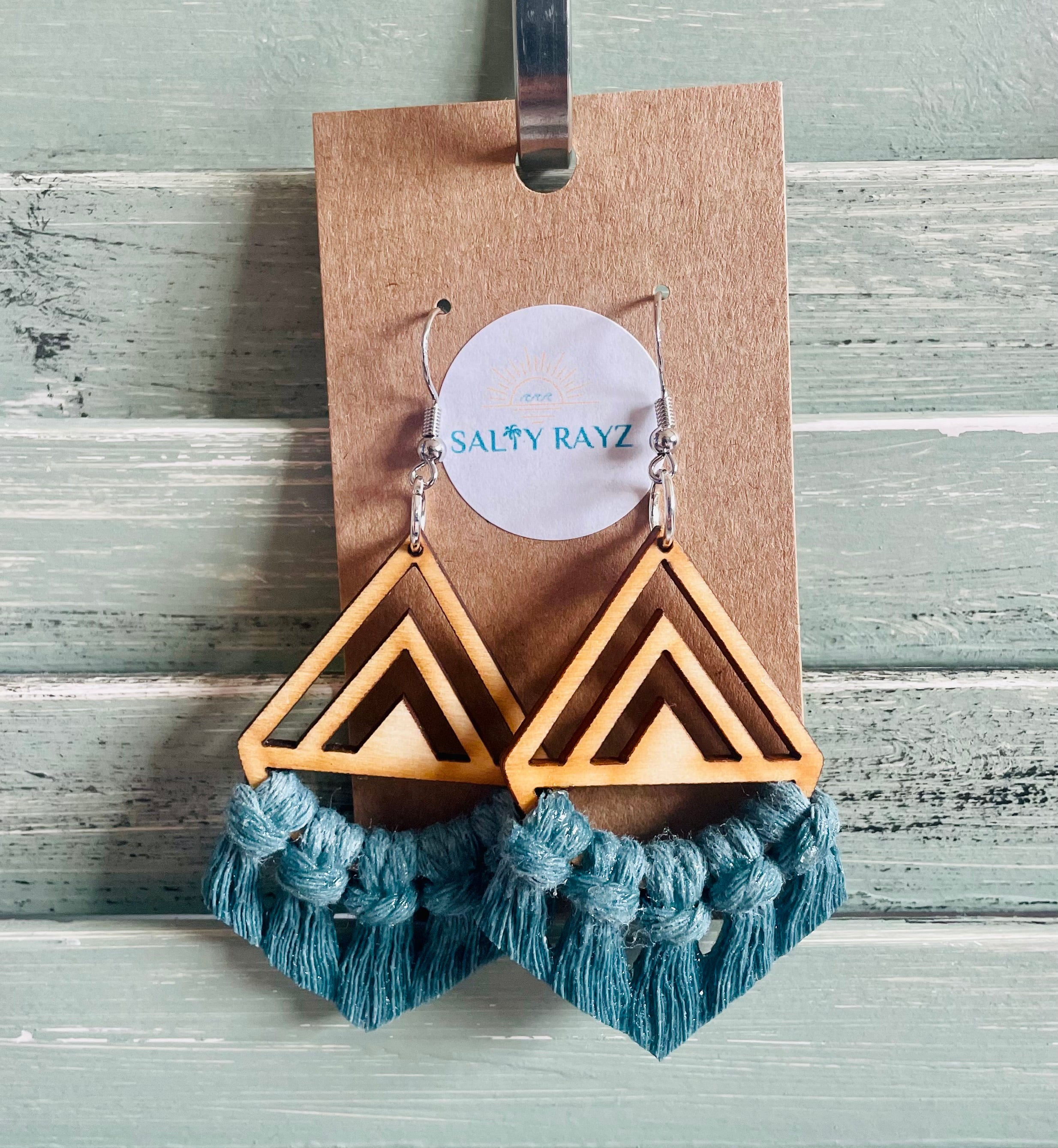 Macrame Earrings -Wood Chevrons Single