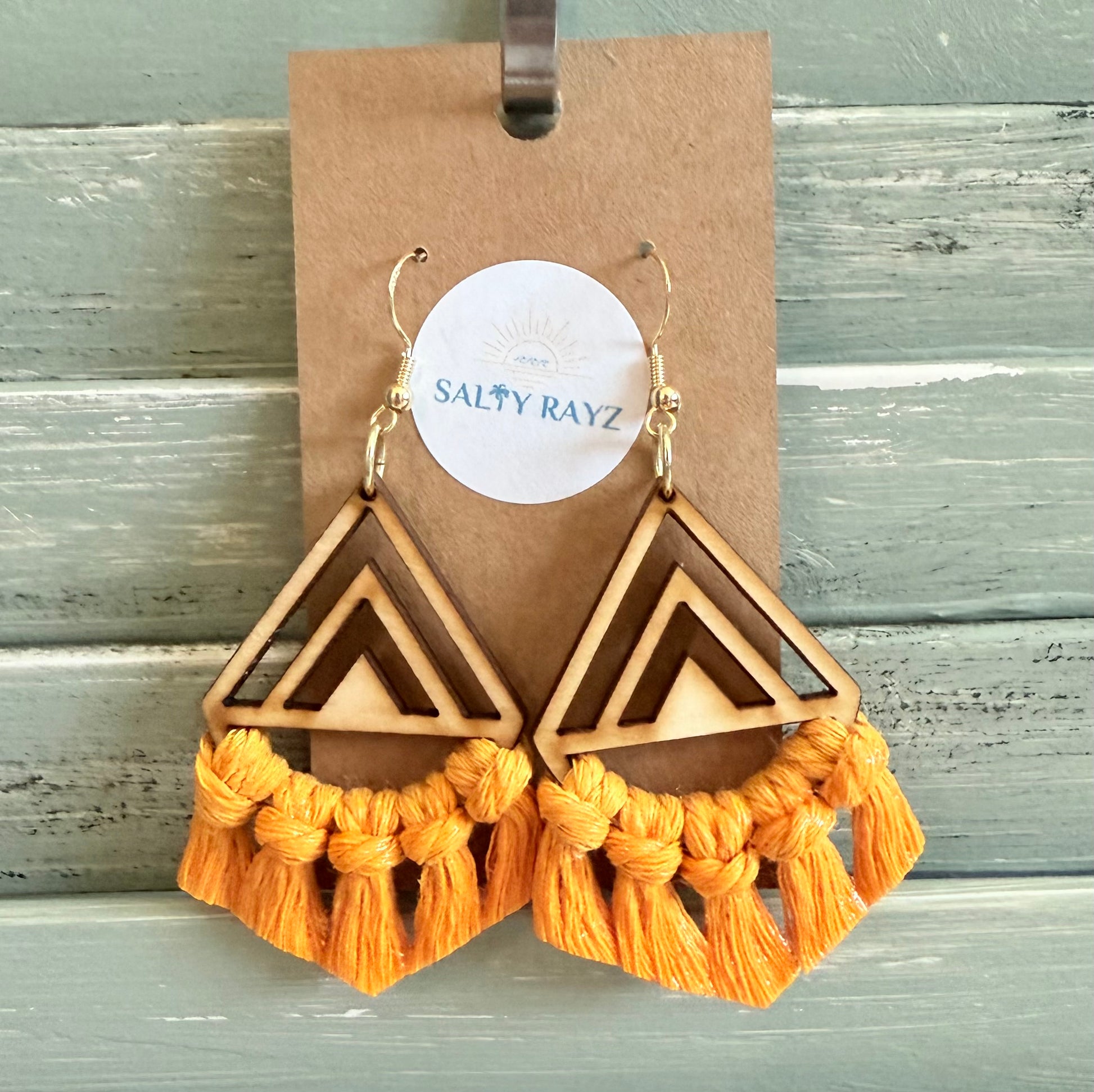 Macrame Earrings -Wood Chevrons Single