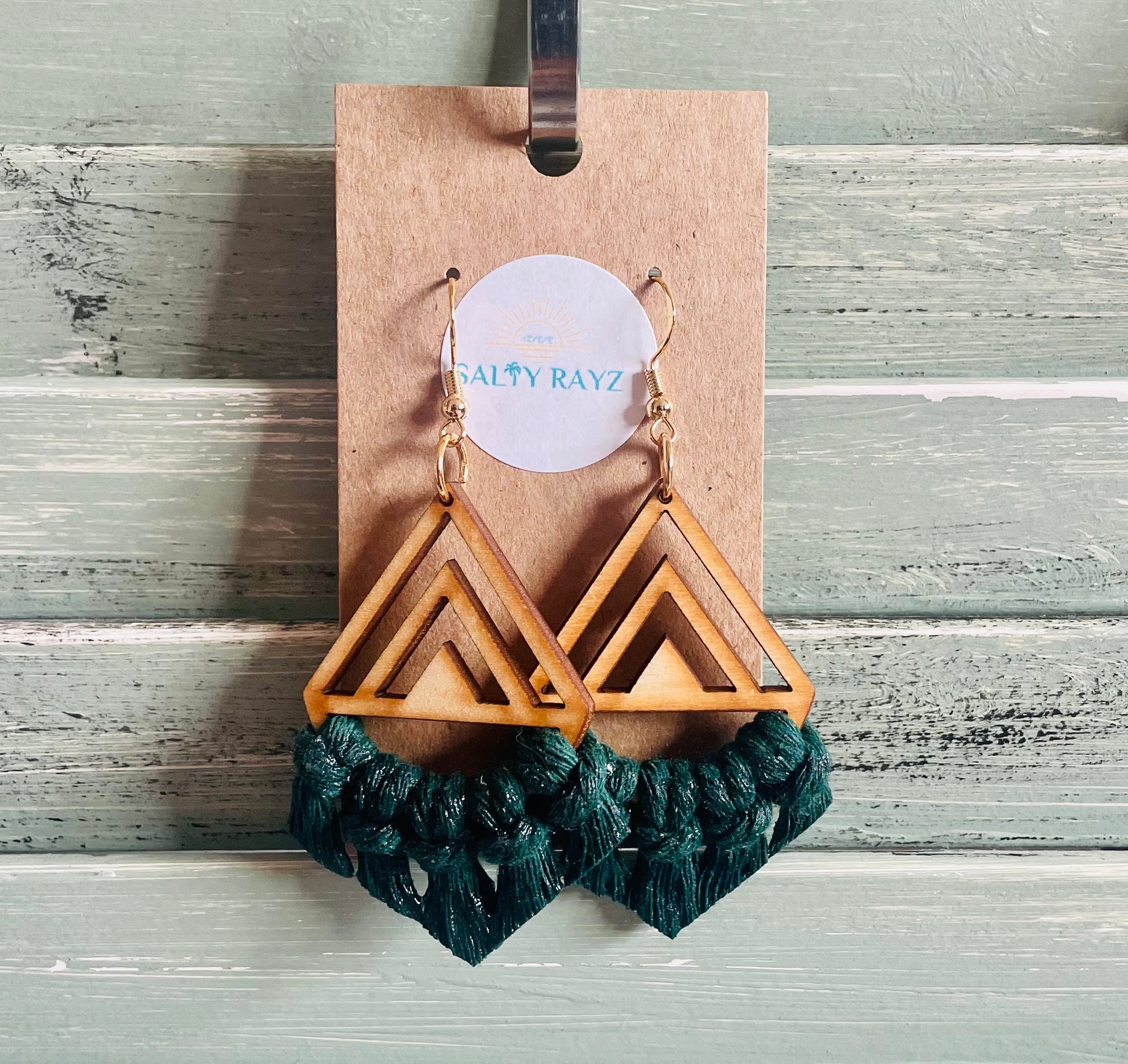 Macrame Earrings -Wood Chevrons Single