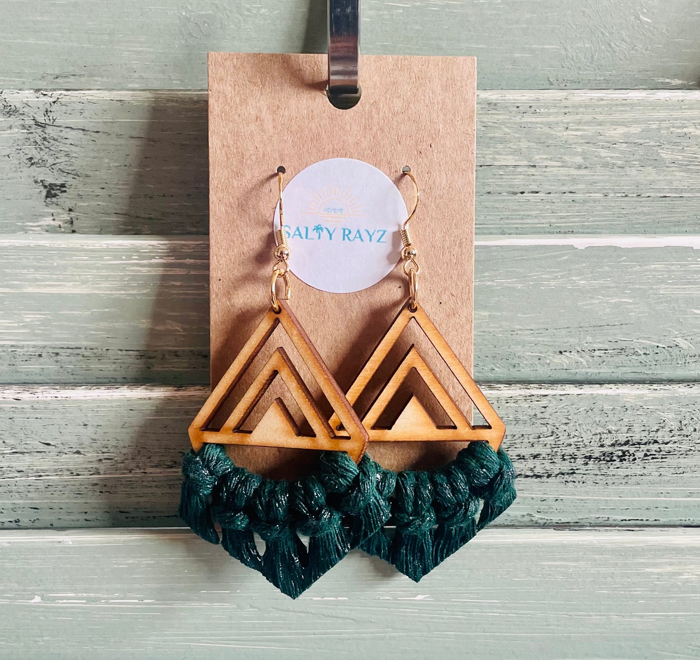 Macrame Earrings -Wood Chevrons Single