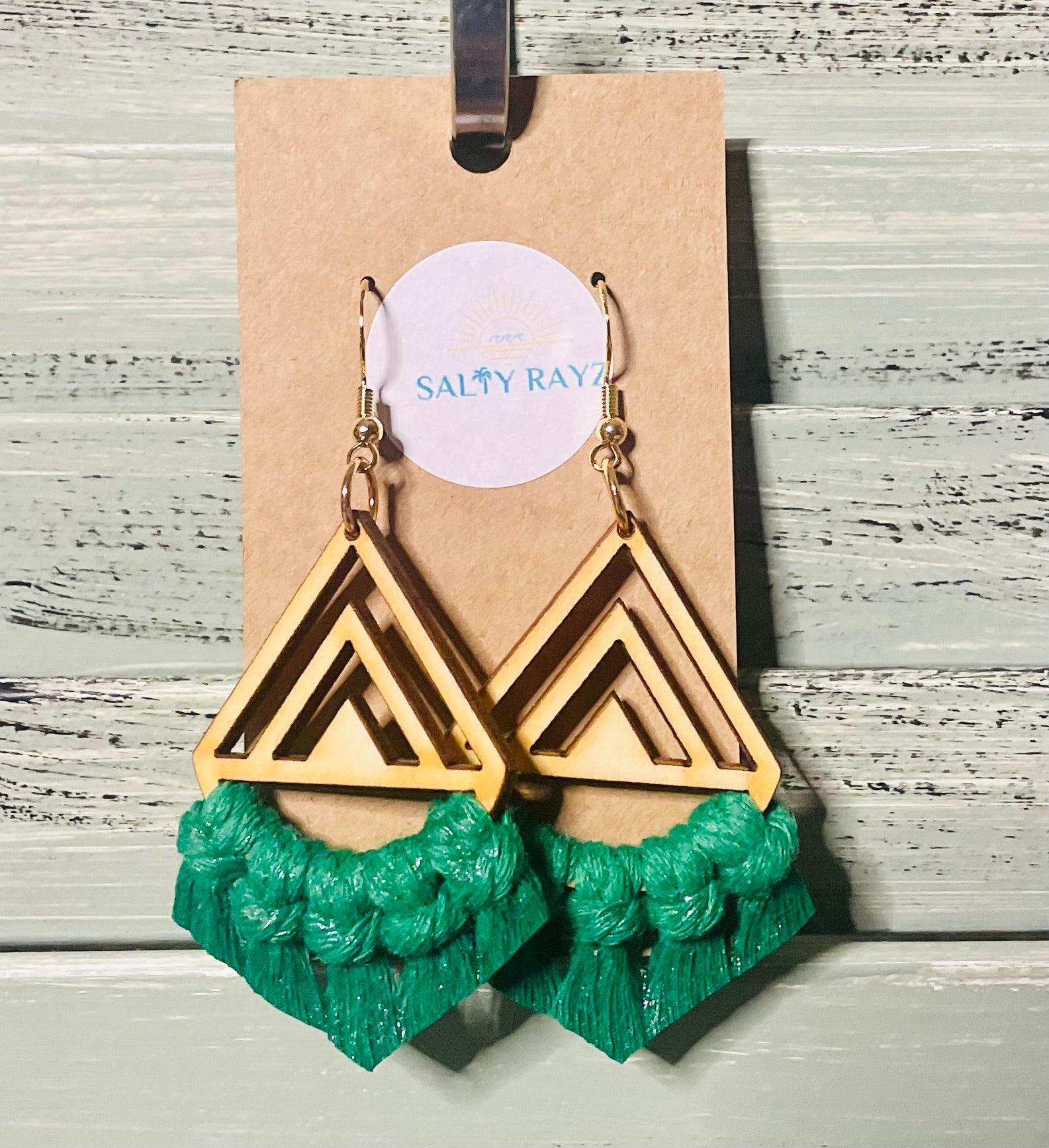 Macrame Earrings -Wood Chevrons Single