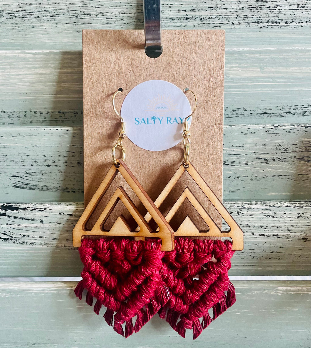Macrame Earrings -Wood Chevrons Double