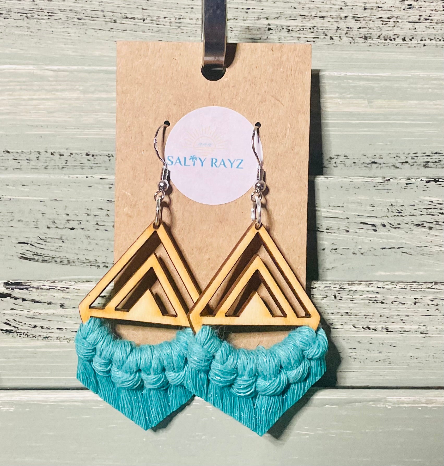 Macrame Earrings -Wood Chevrons Single