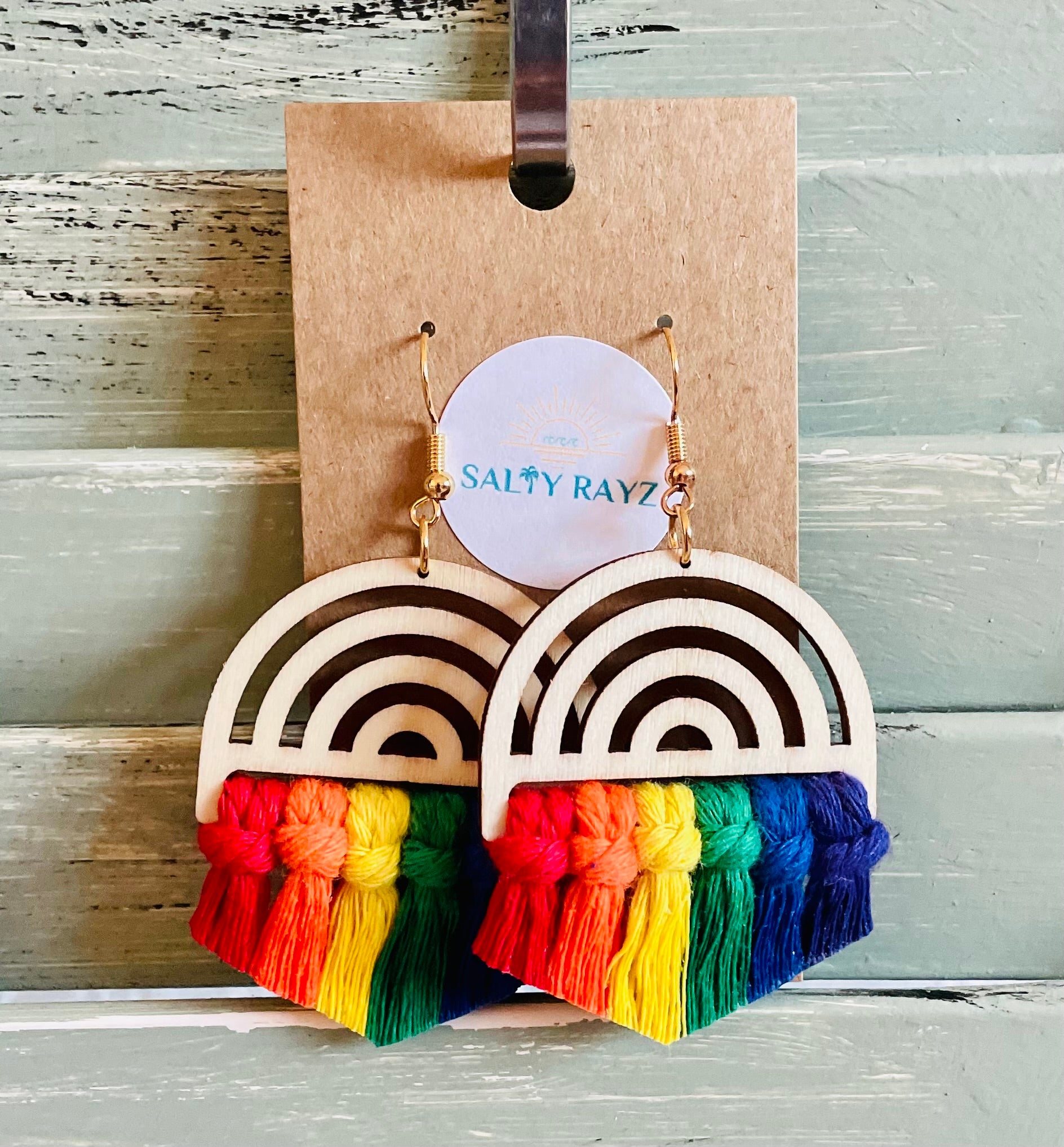 Macrame Earrings -Wood Rainbow Single
