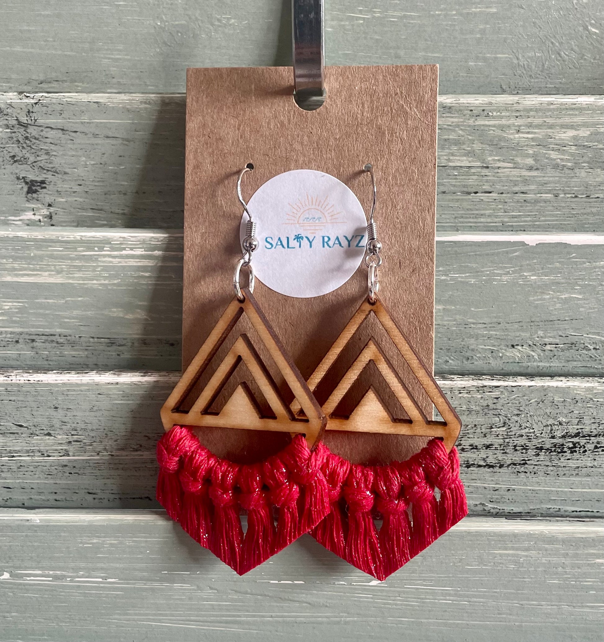Macrame Earrings -Wood Chevrons Single