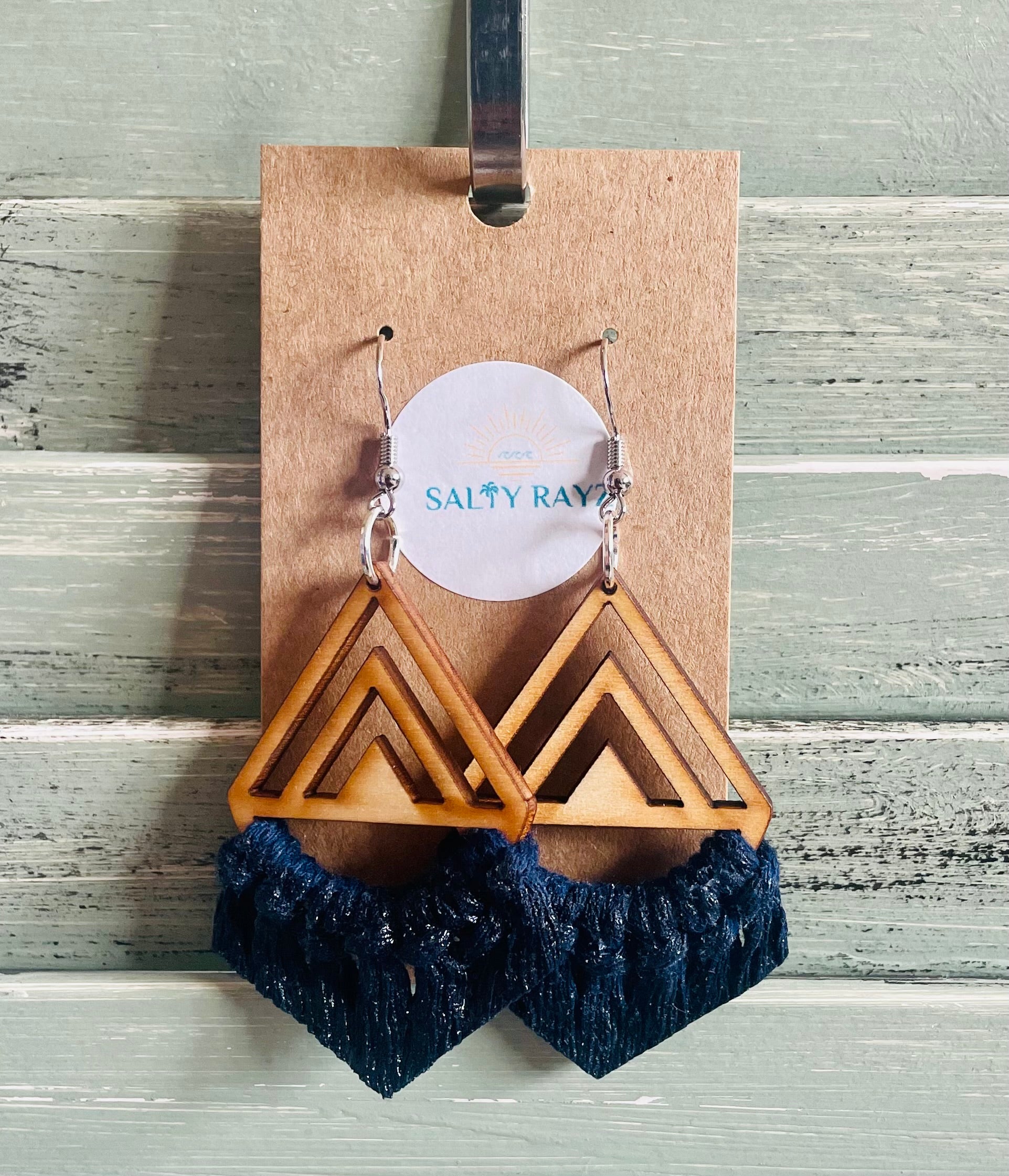 Macrame Earrings -Wood Chevrons Single