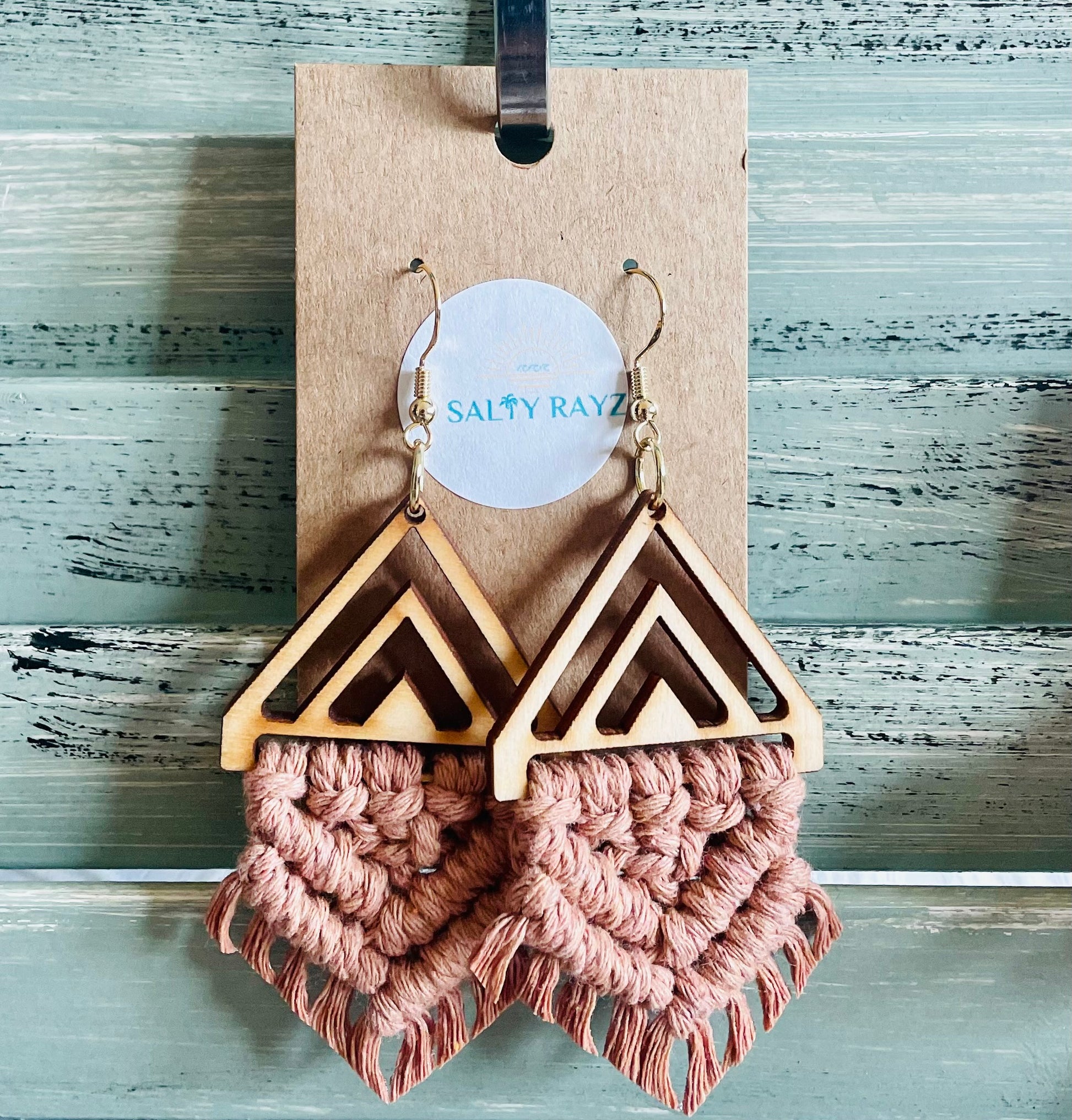 Macrame Earrings -Wood Chevrons Double
