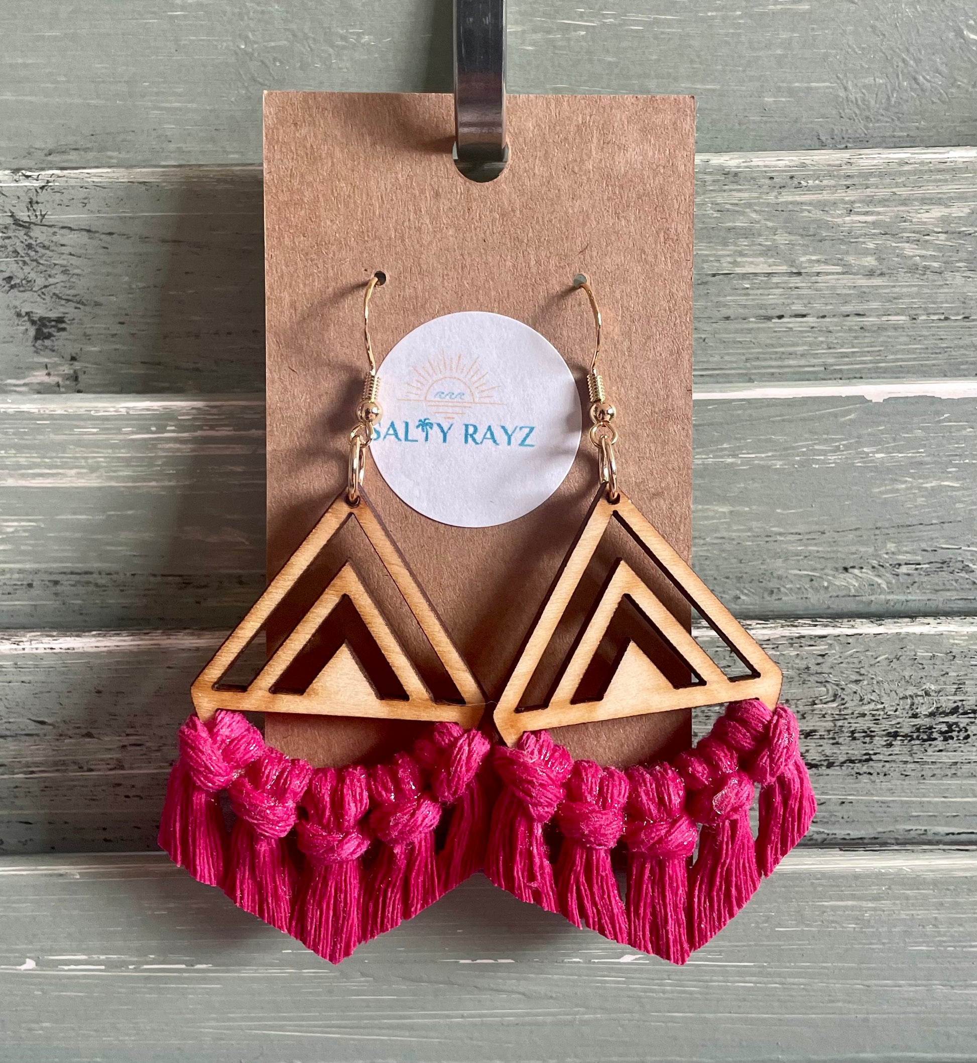 Macrame Earrings -Wood Chevrons Single
