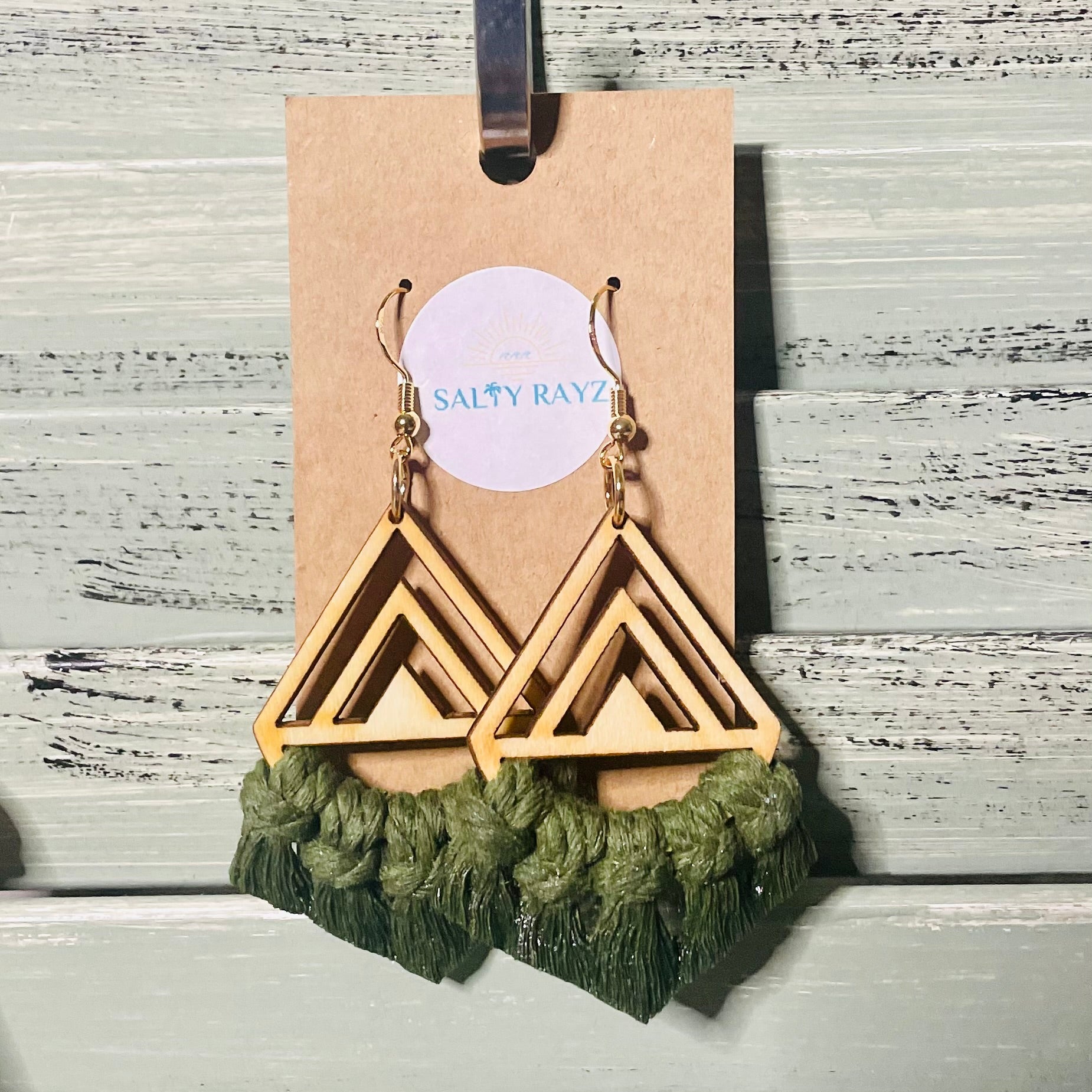 Macrame Earrings -Wood Chevrons Single