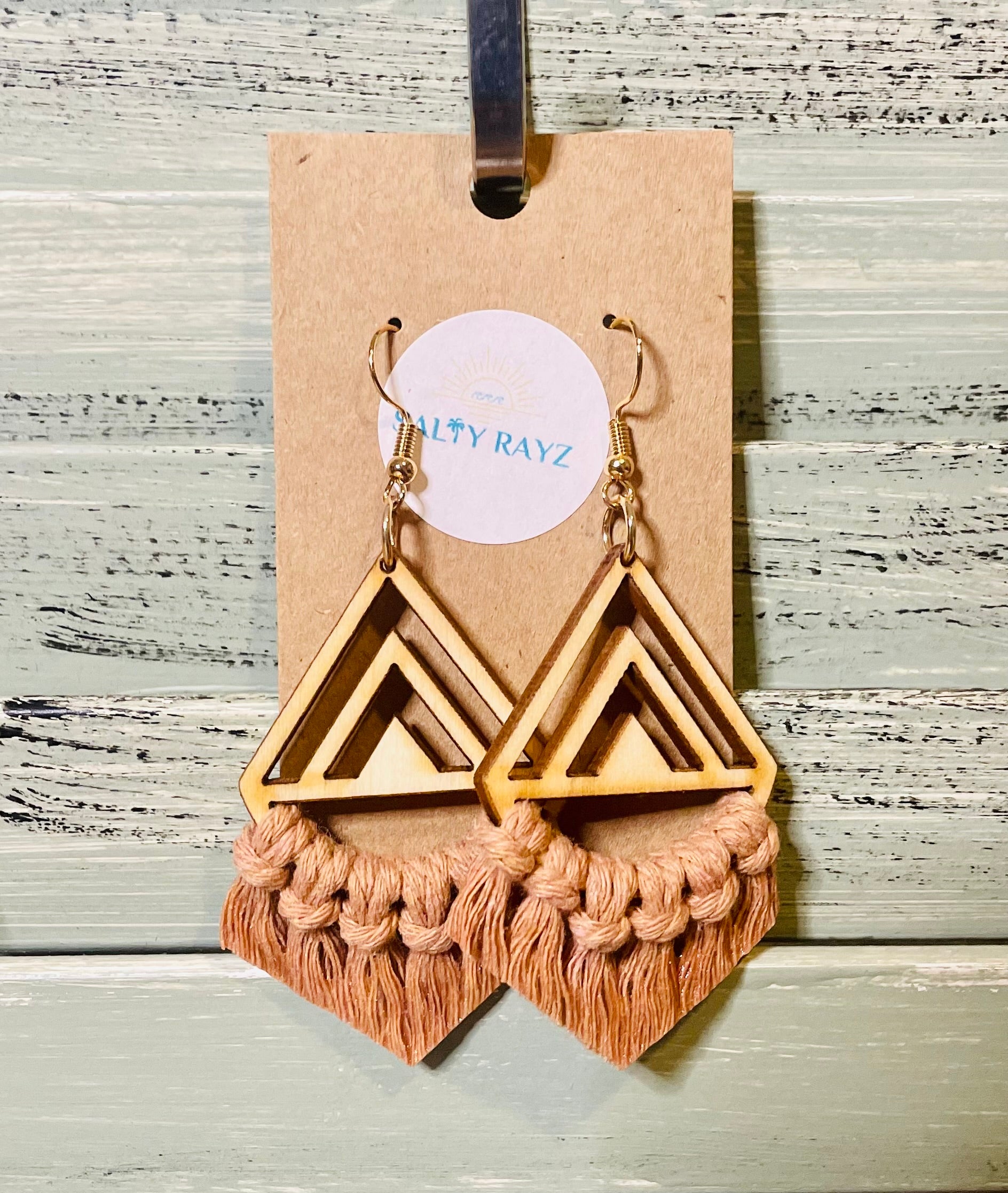 Macrame Earrings -Wood Chevrons Single