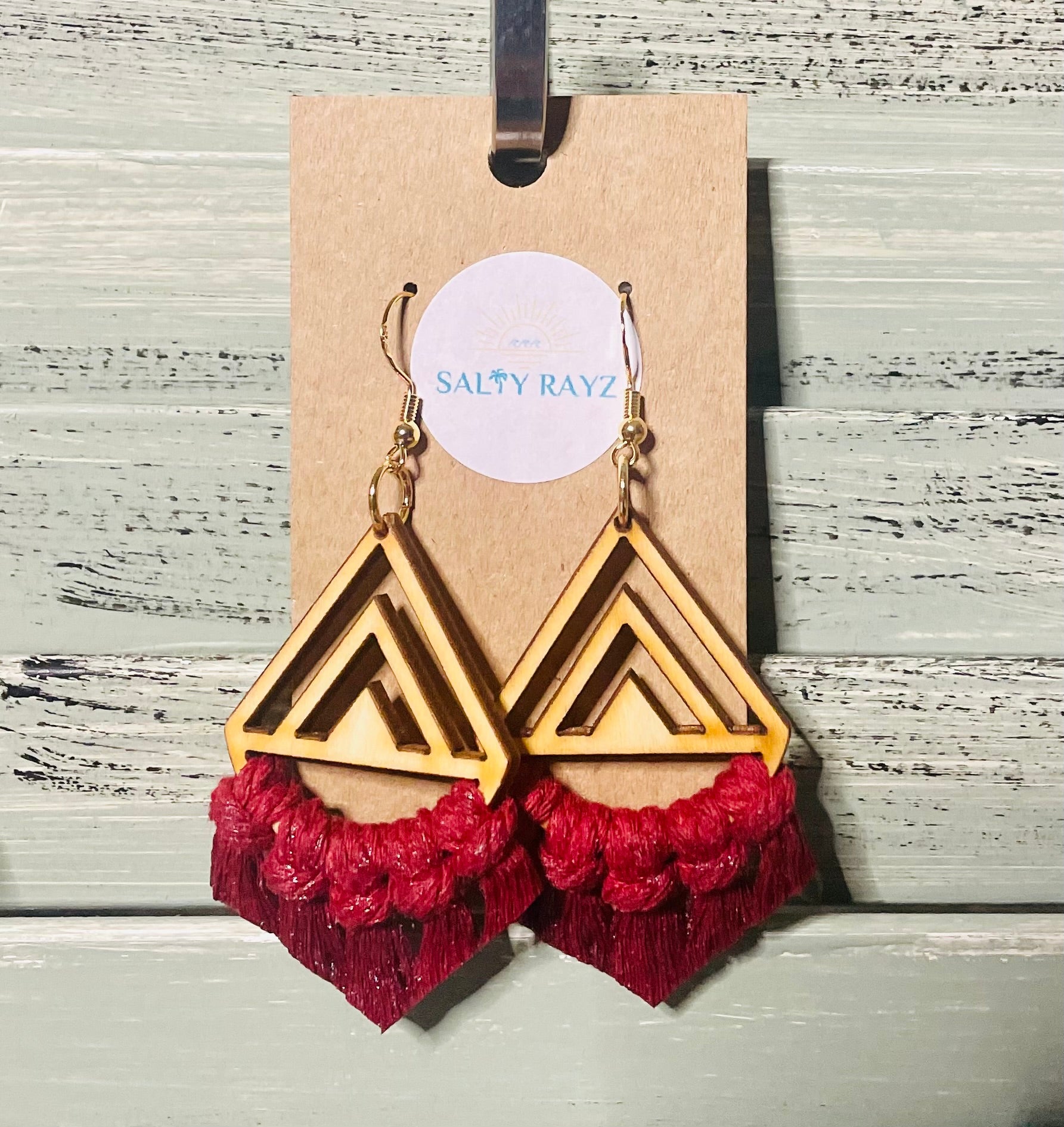 Macrame Earrings -Wood Chevrons Single