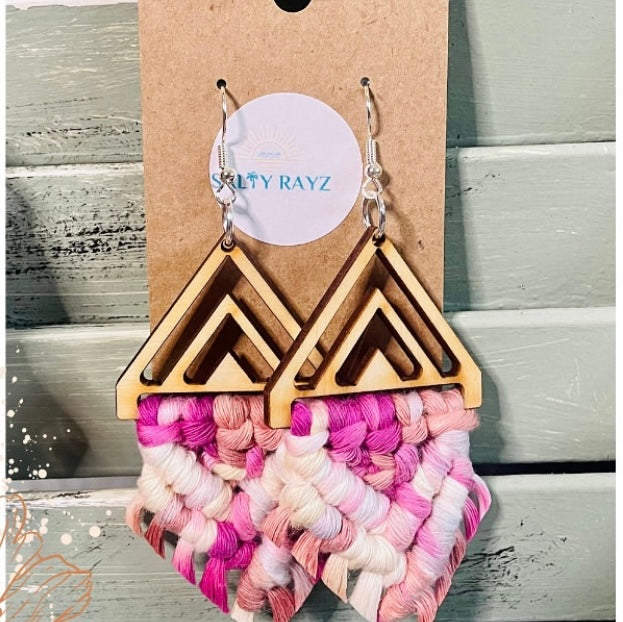 Macrame Earrings -Wood Chevrons Double