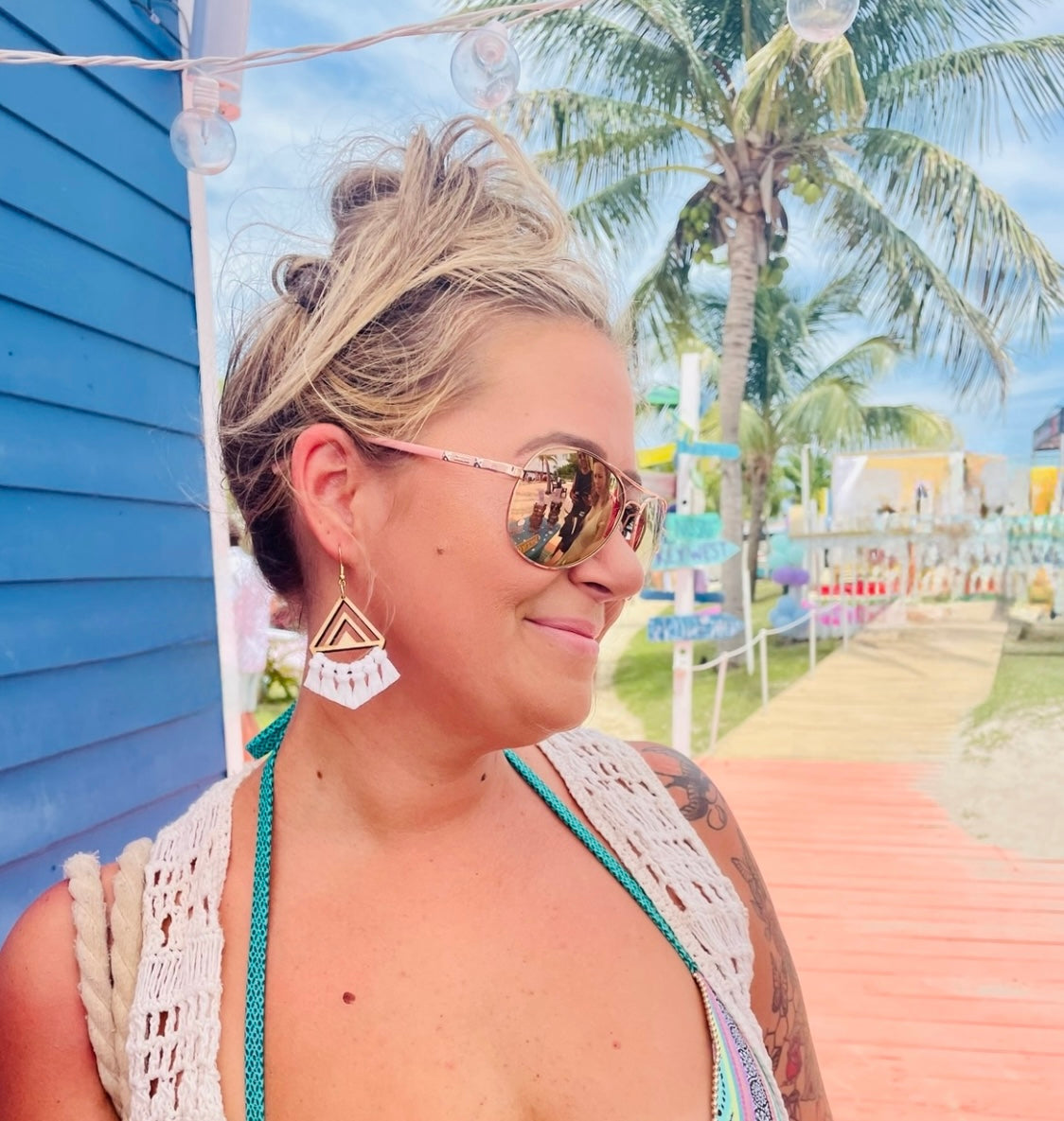 Macrame Earrings -Wood Chevrons Single