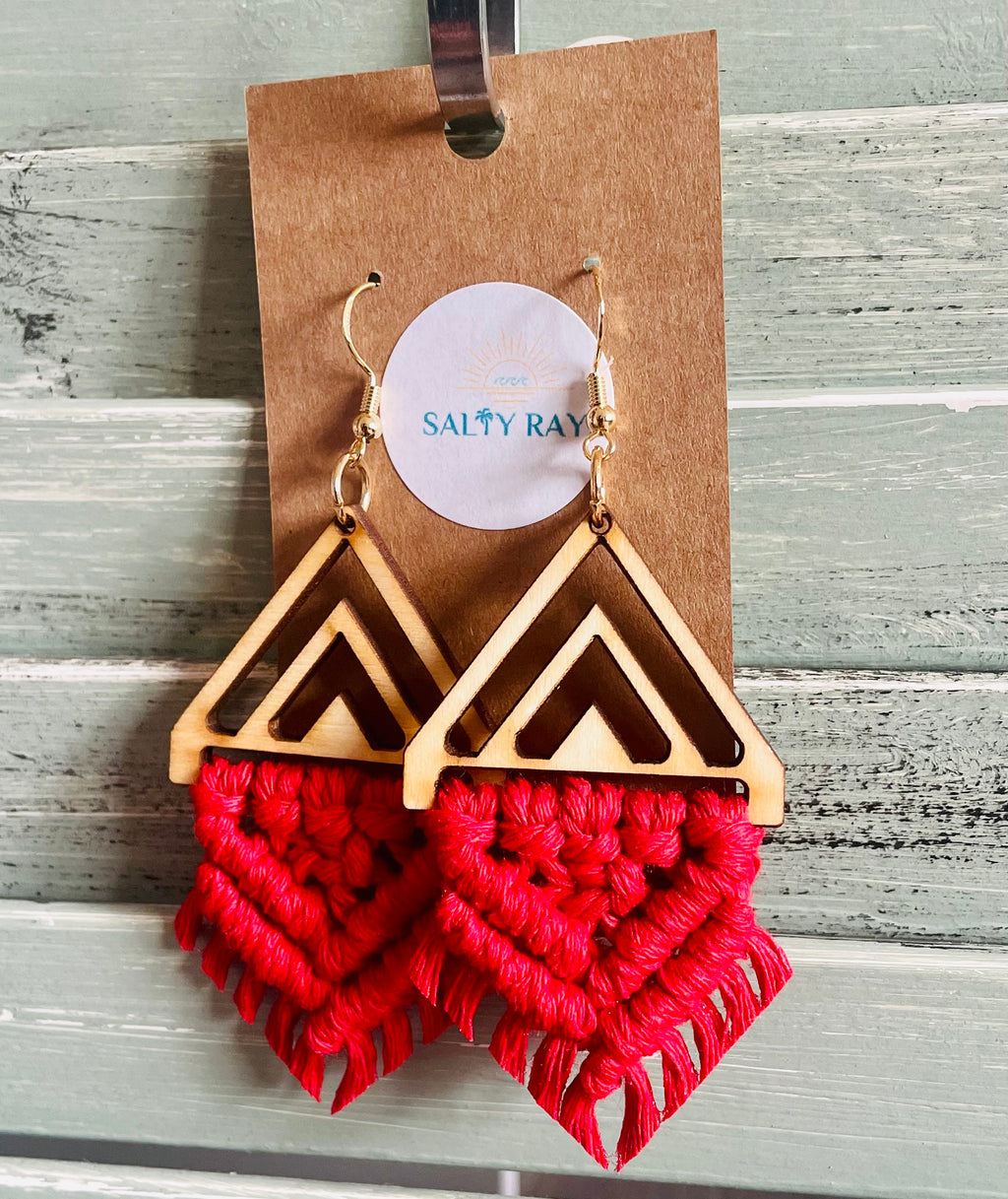 Macrame Earrings -Wood Chevrons Double