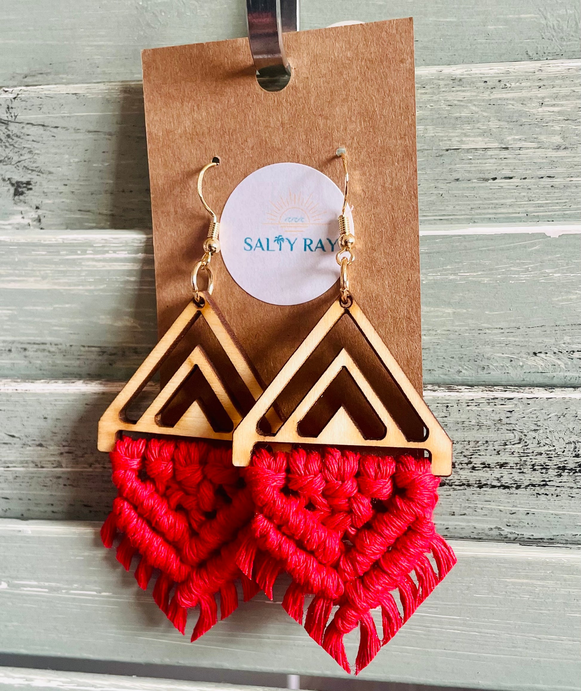 Macrame Earrings -Wood Chevrons Double