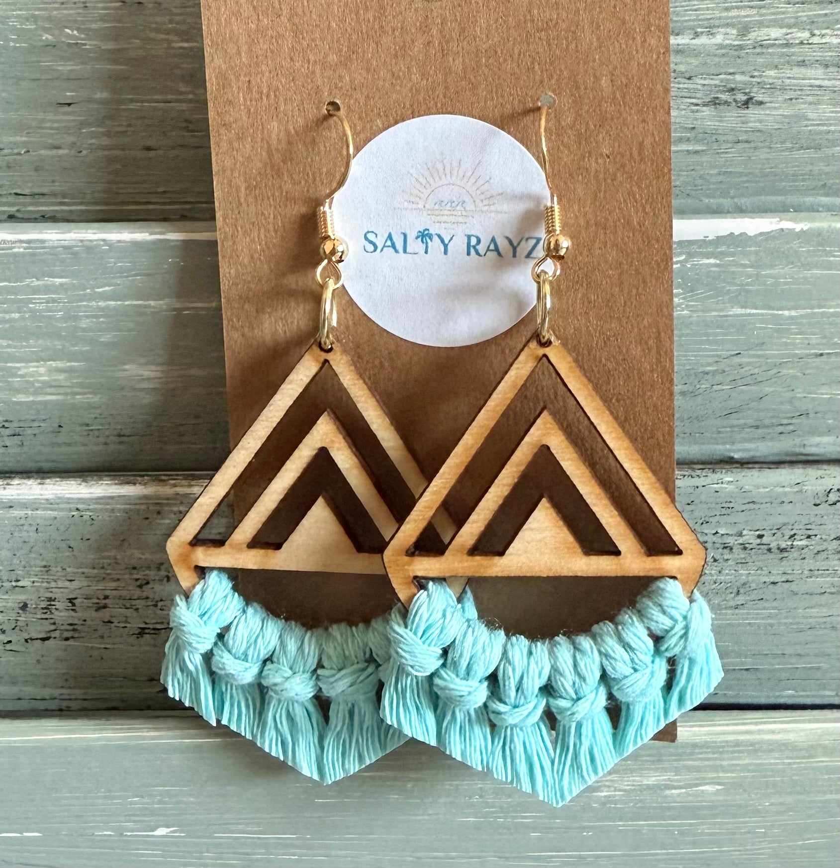 Macrame Earrings -Wood Chevrons Single