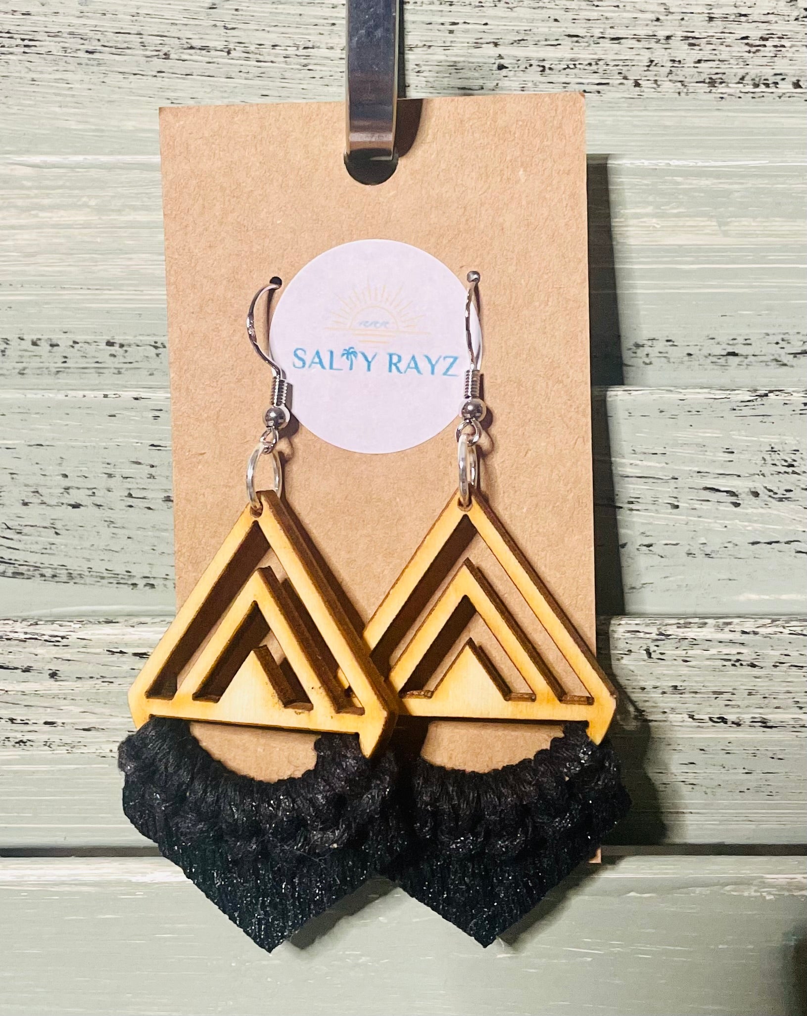 Macrame Earrings -Wood Chevrons Single