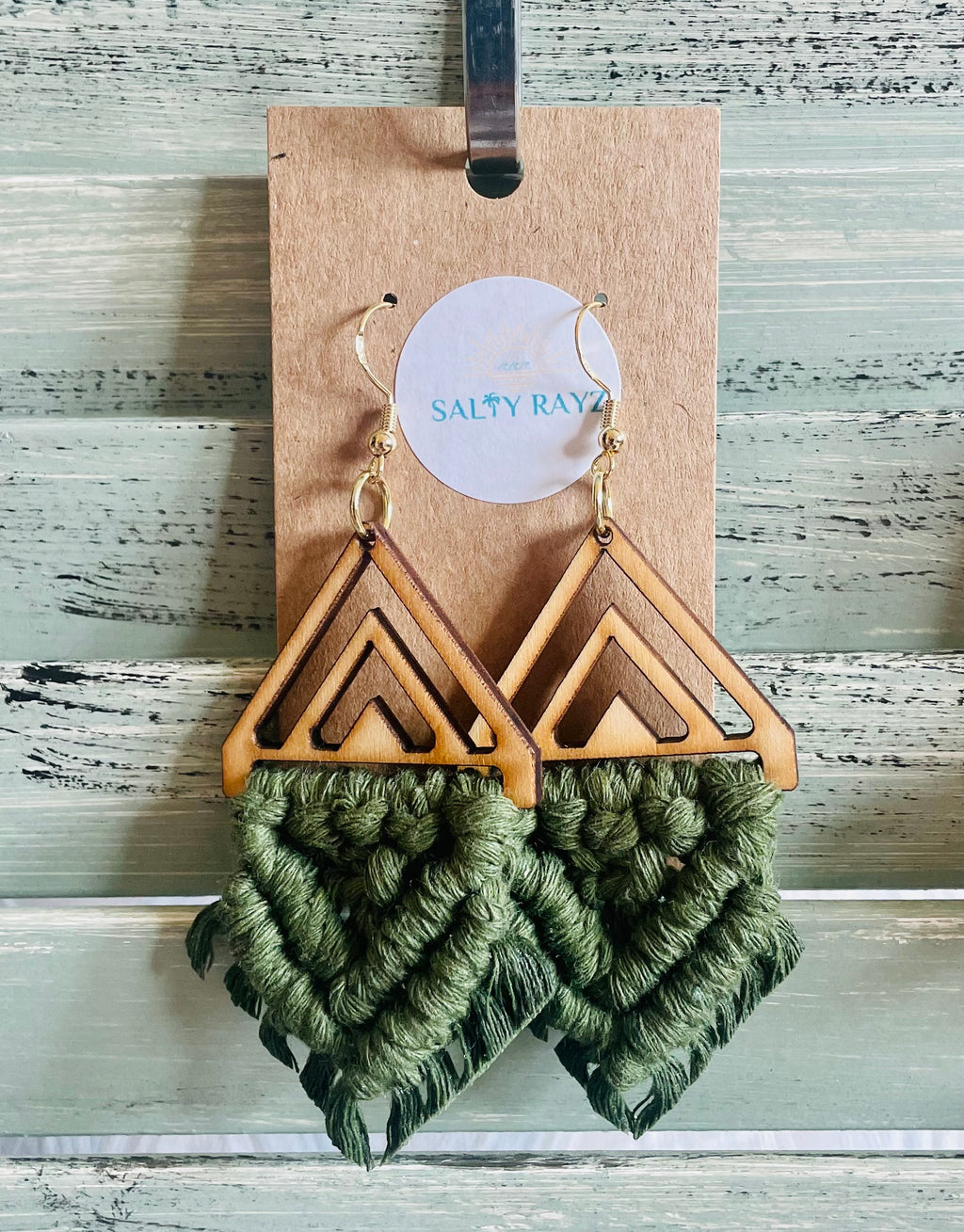 Macrame Earrings -Wood Chevrons Double