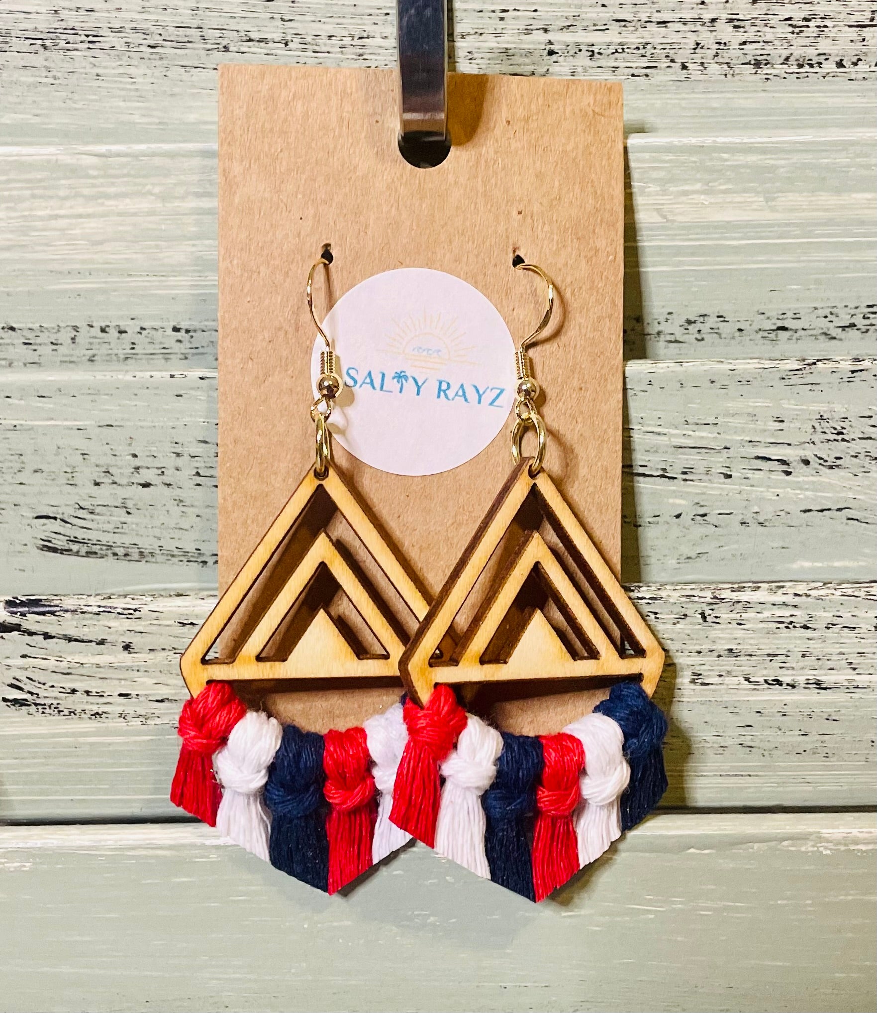 Macrame Earrings -Wood Chevrons Single