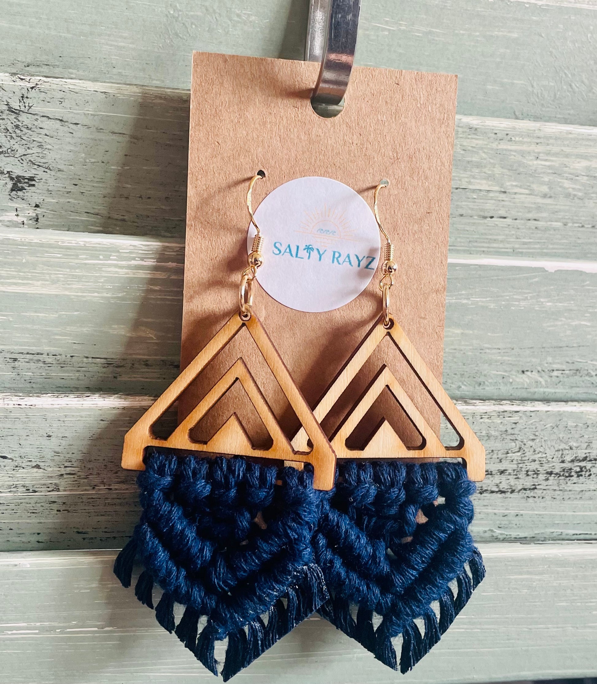 Macrame Earrings -Wood Chevrons Double