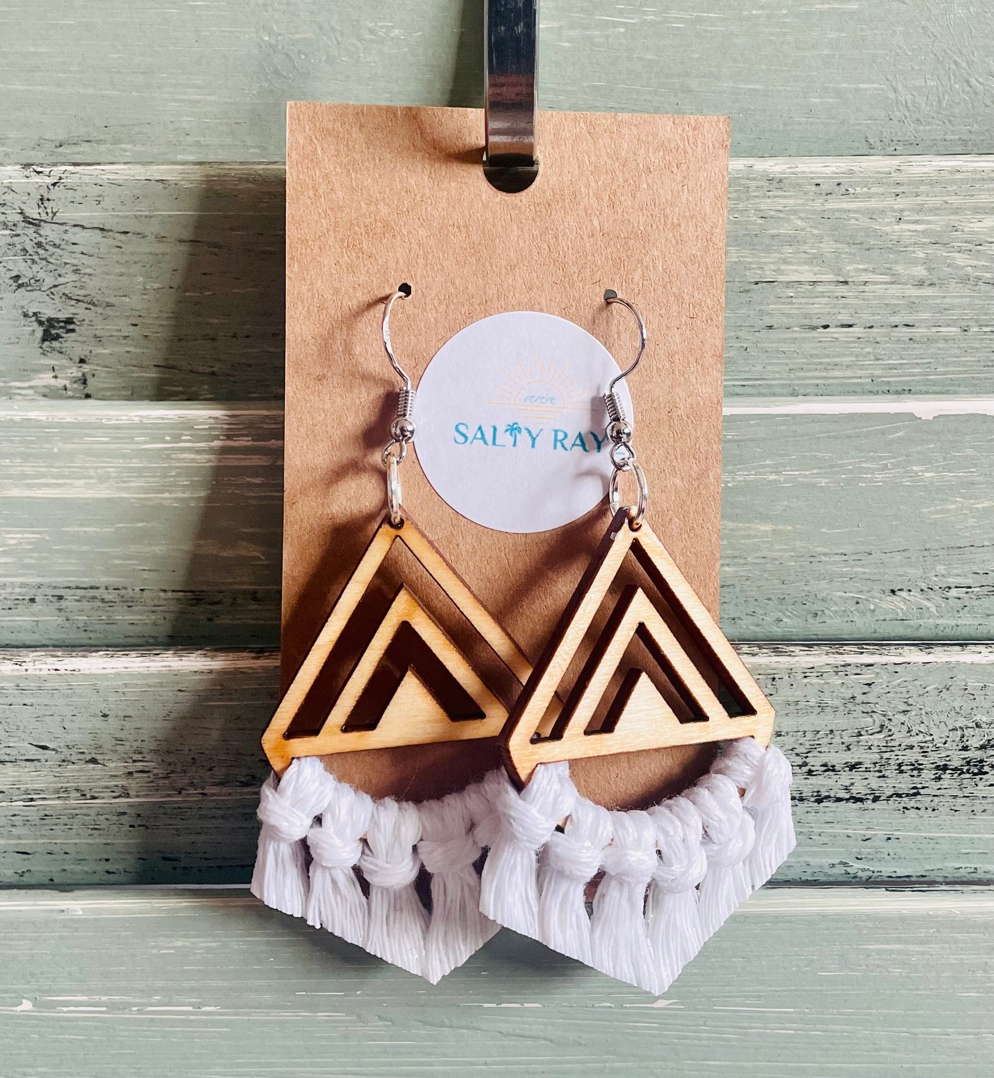 Macrame Earrings -Wood Chevrons Single