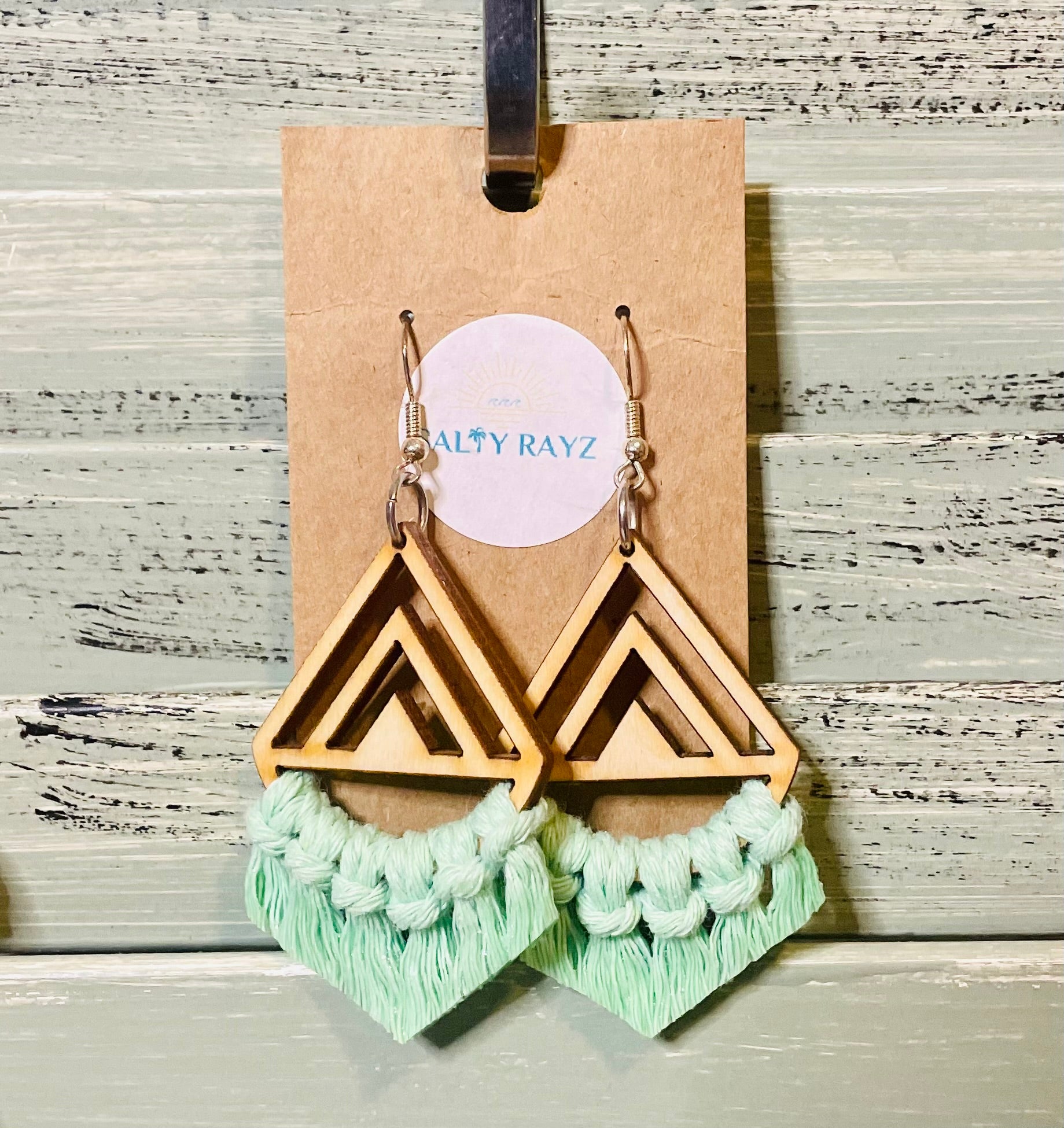 Macrame Earrings -Wood Chevrons Single