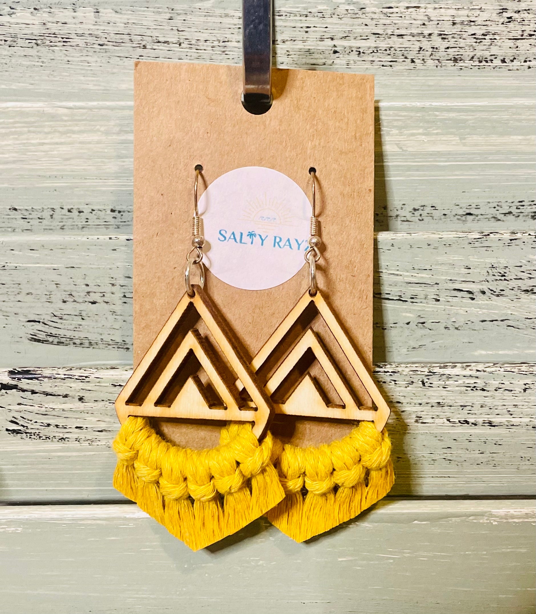 Macrame Earrings -Wood Chevrons Single