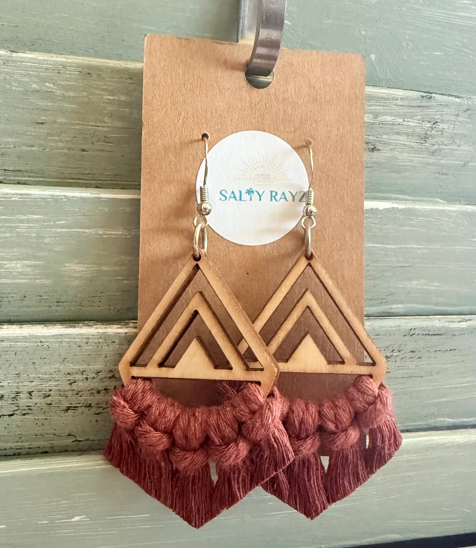Macrame Earrings -Wood Chevrons Single