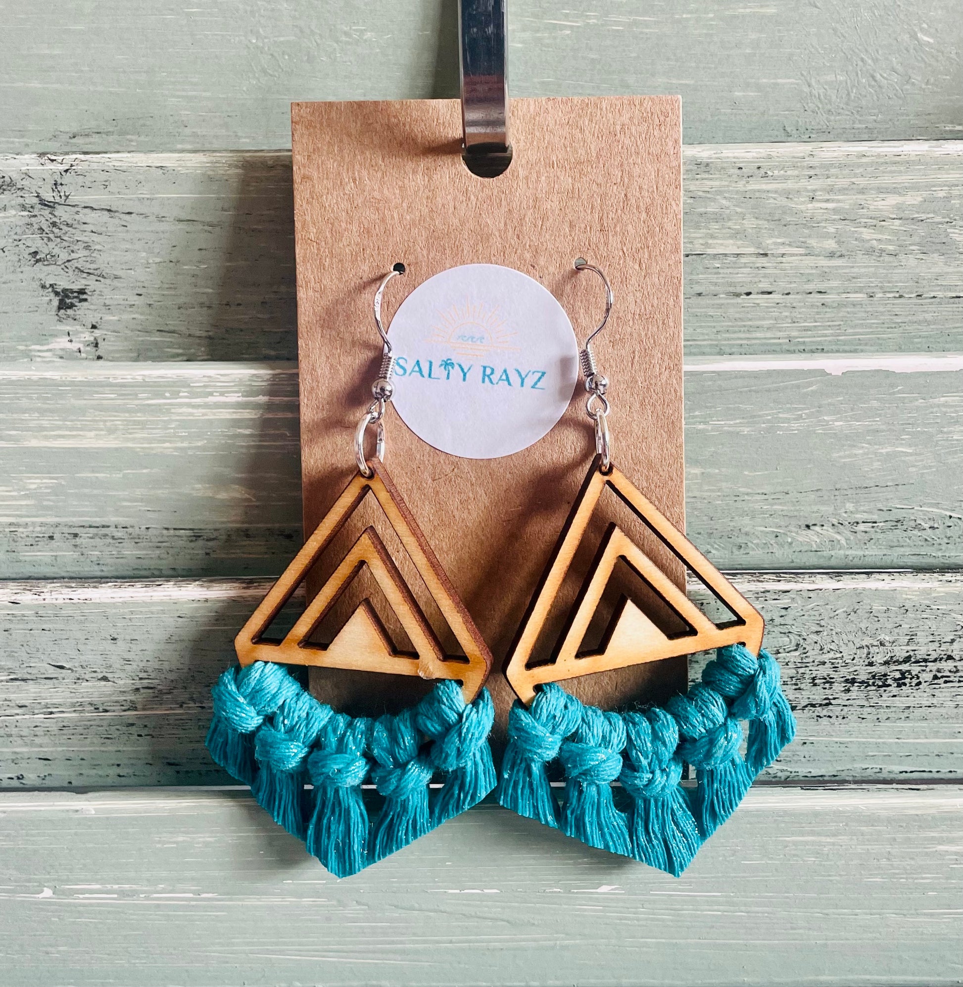 Macrame Earrings -Wood Chevrons Single