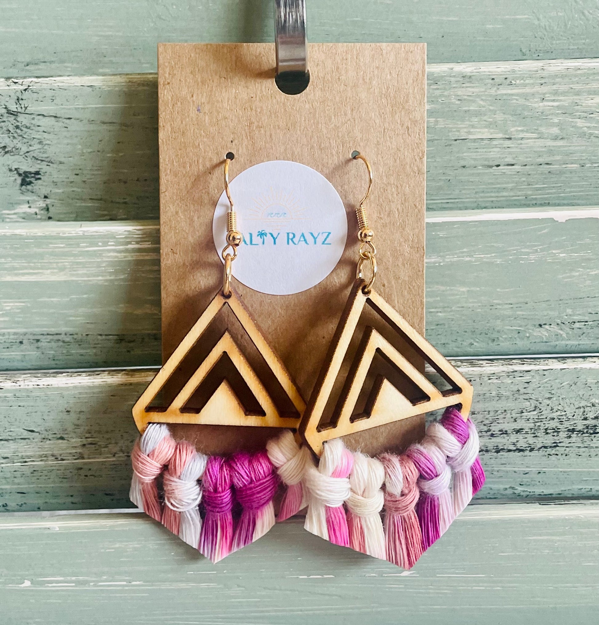 Macrame Earrings -Wood Chevrons Single