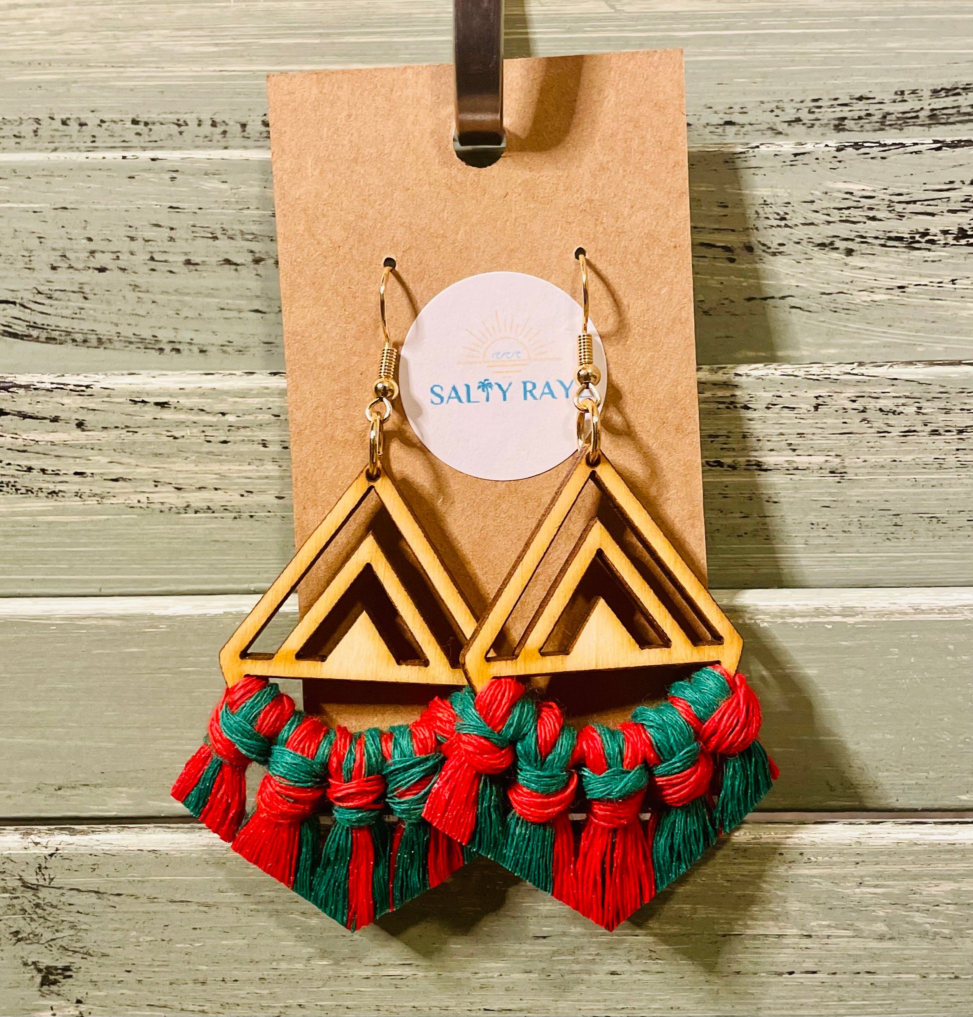 Macrame Earrings -Wood Chevrons Single