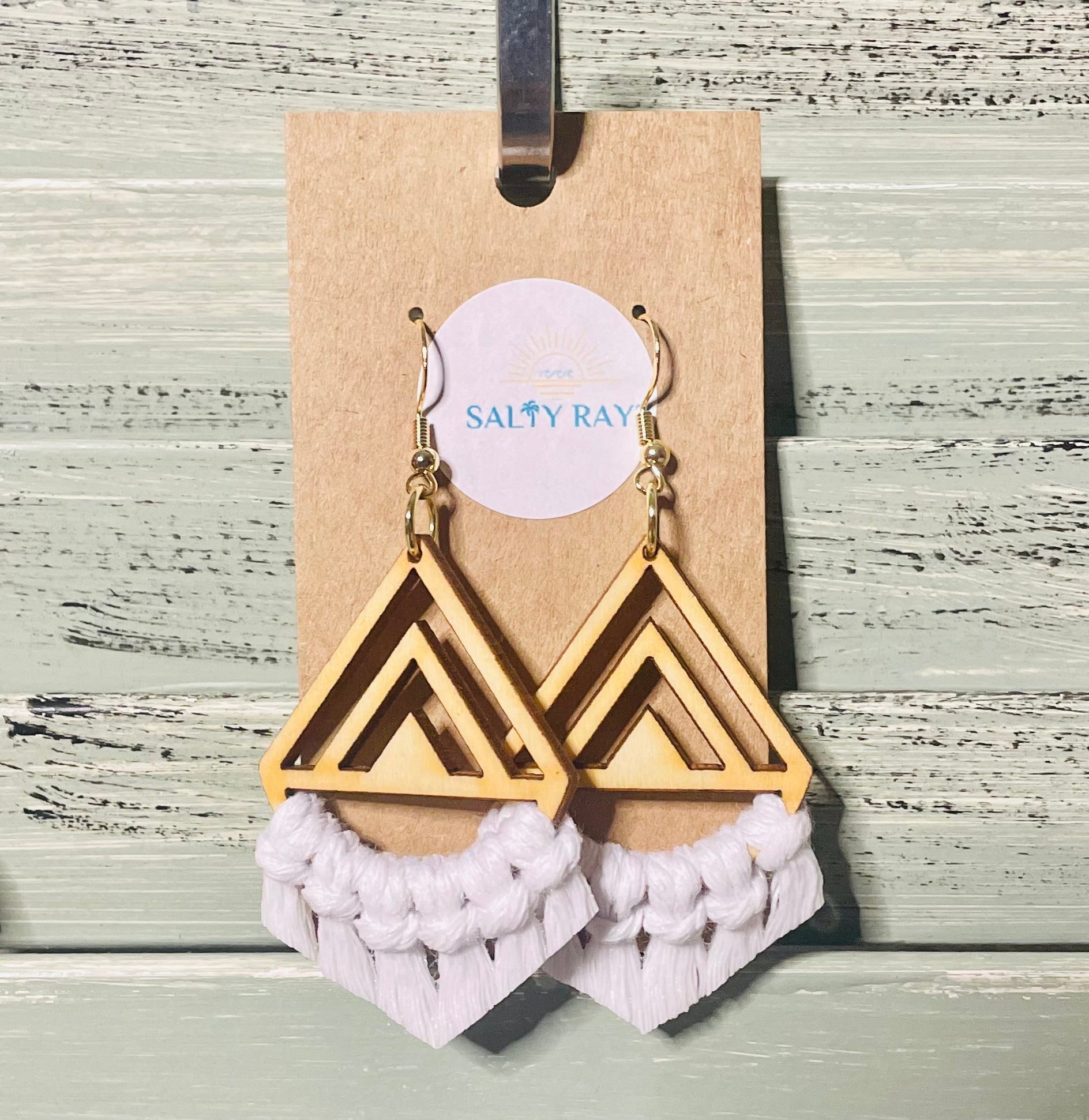 Macrame Earrings -Wood Chevrons Single