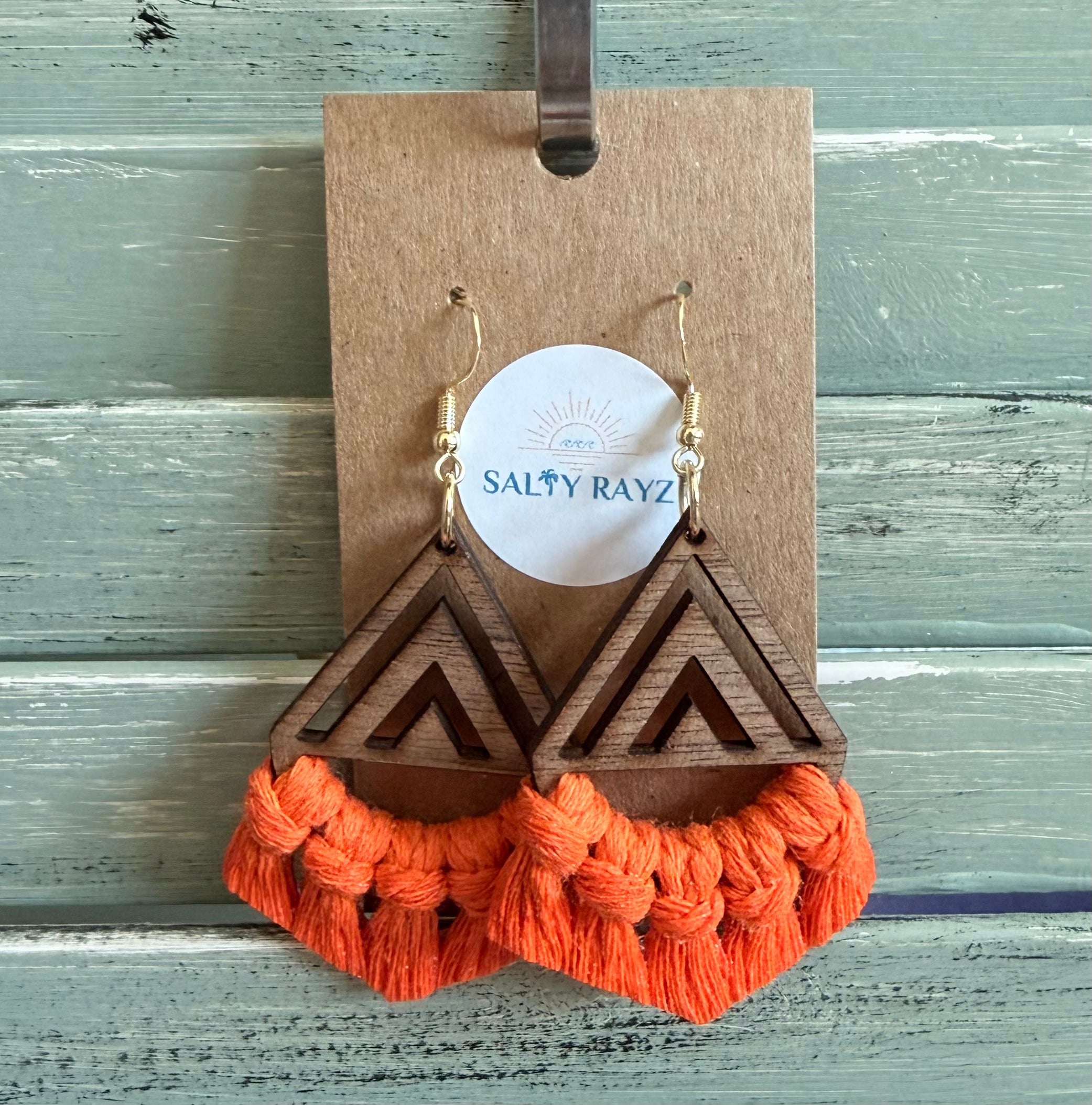 Macrame Earrings -Wood Chevrons Single