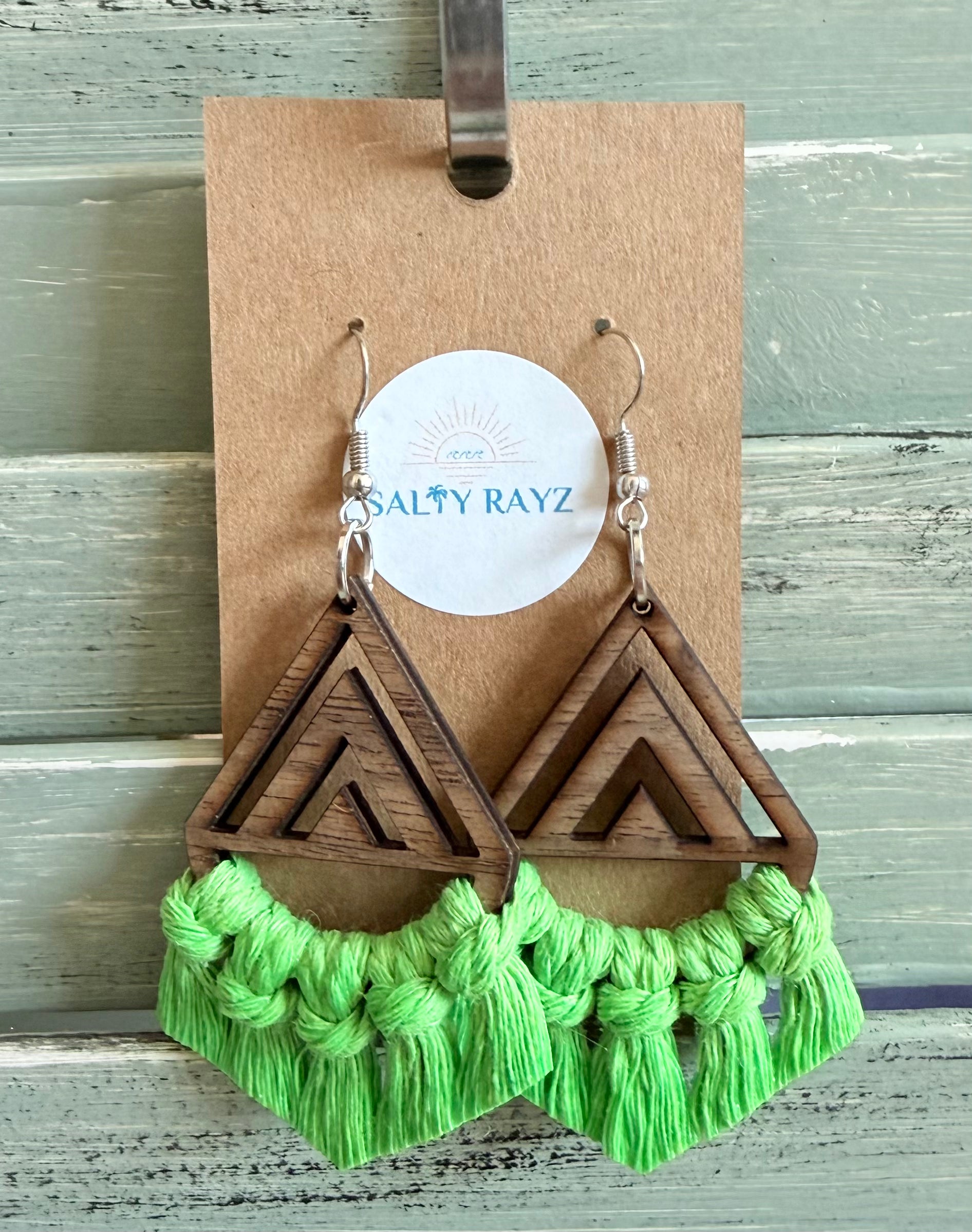 Macrame Earrings -Wood Chevrons Single