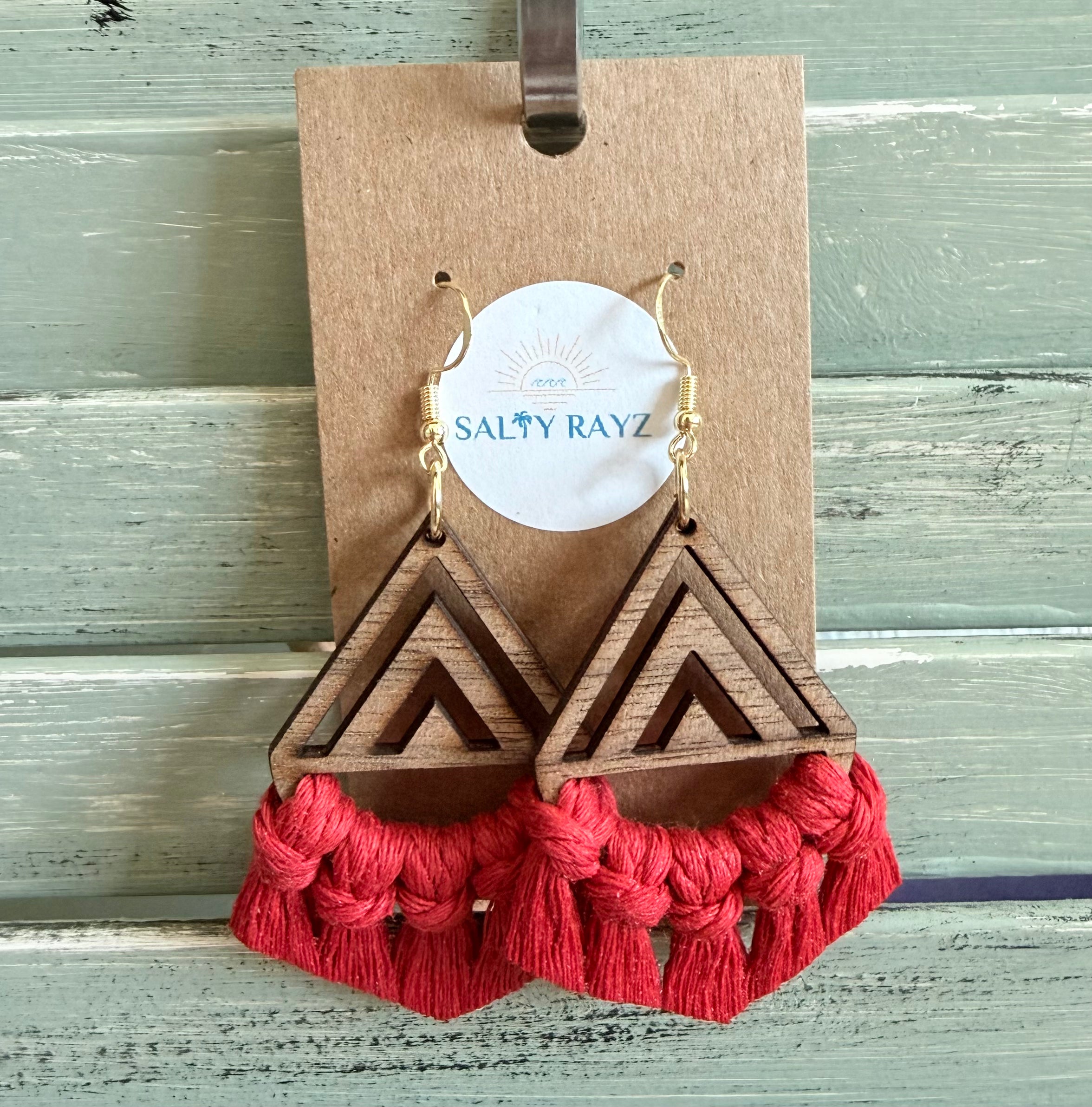 Macrame Earrings -Wood Chevrons Single