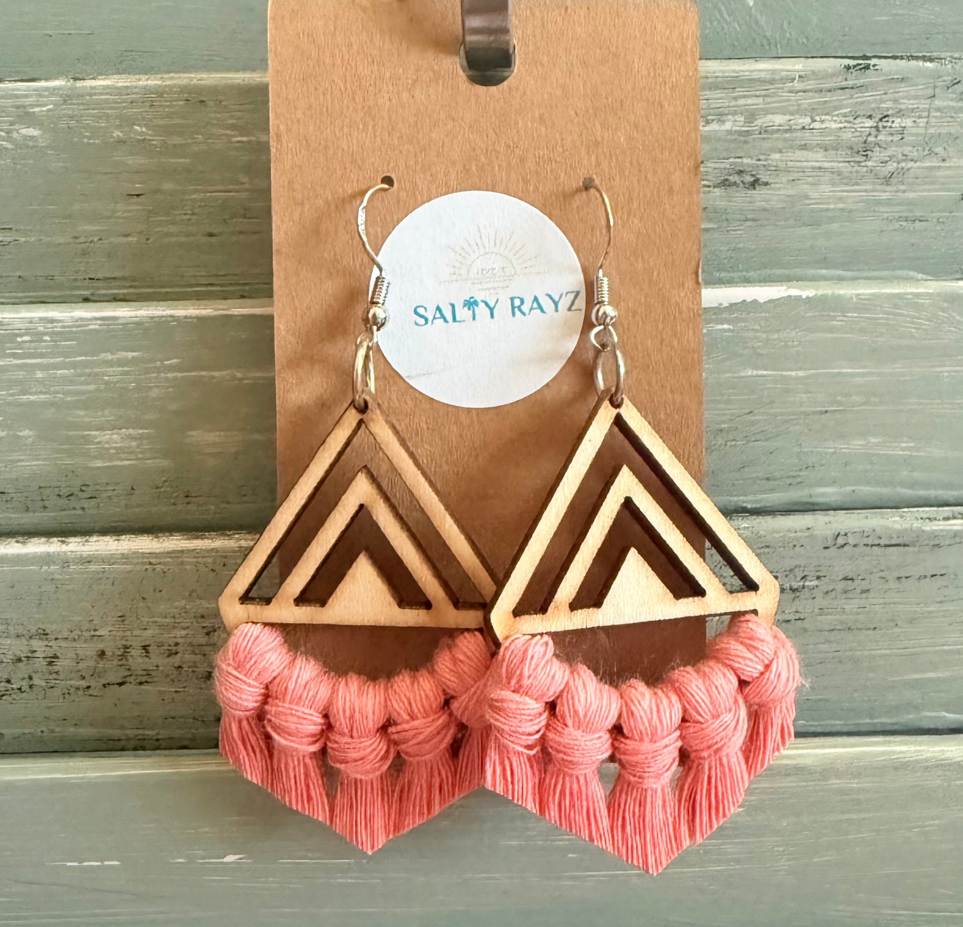 Macrame Earrings -Wood Chevrons Single