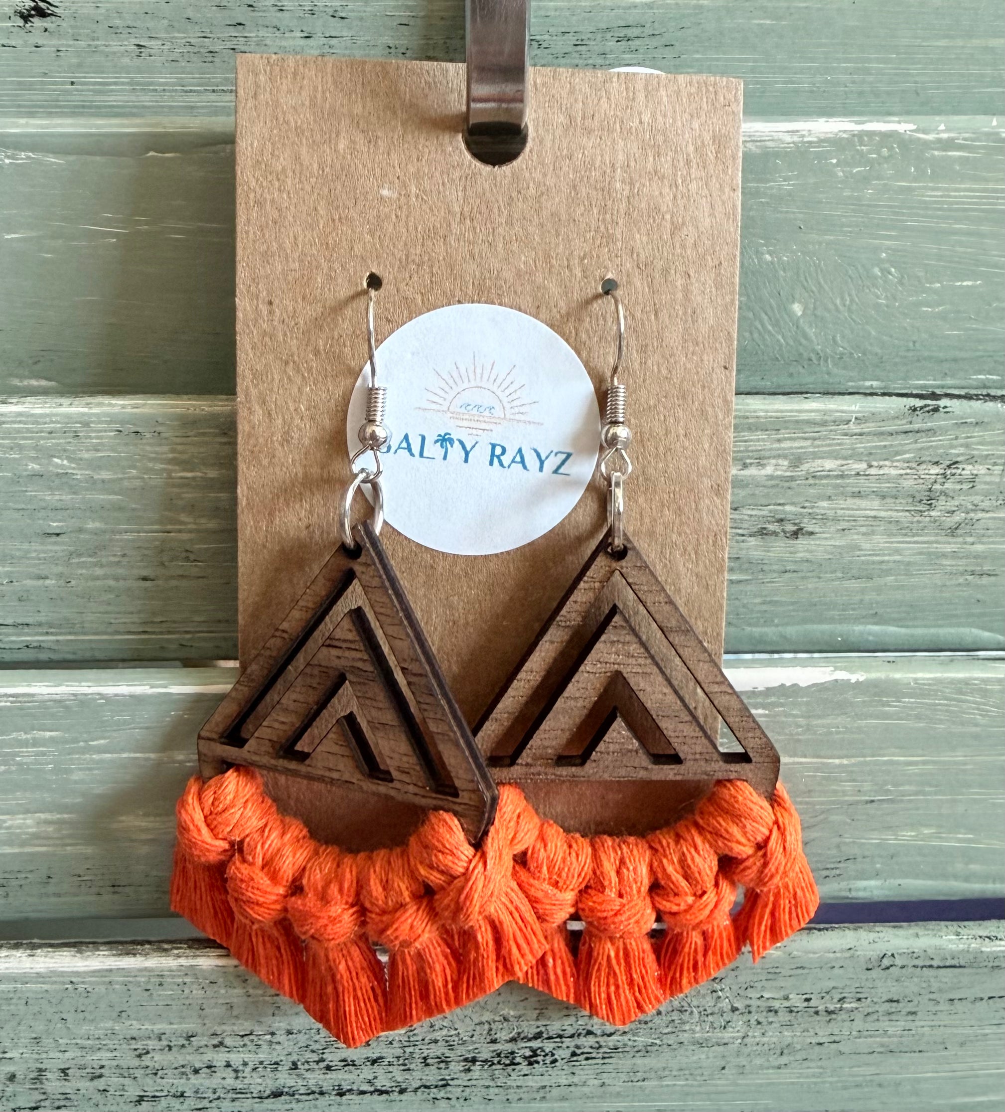 Macrame Earrings -Wood Chevrons Single