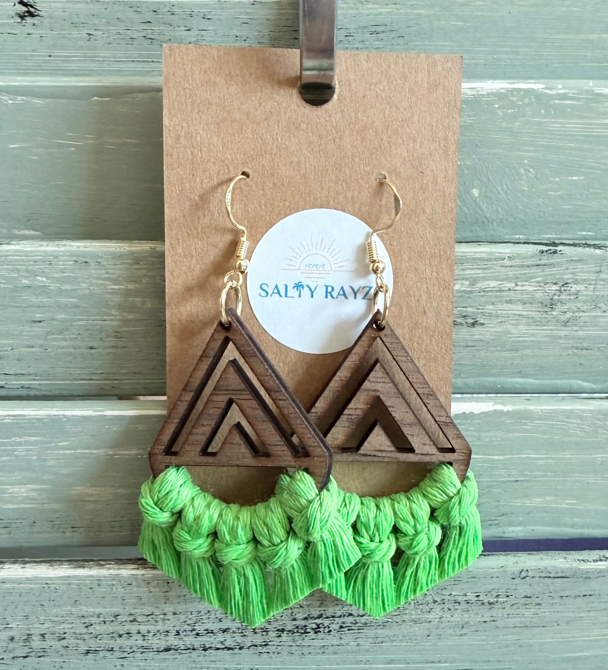 Macrame Earrings -Wood Chevrons Single
